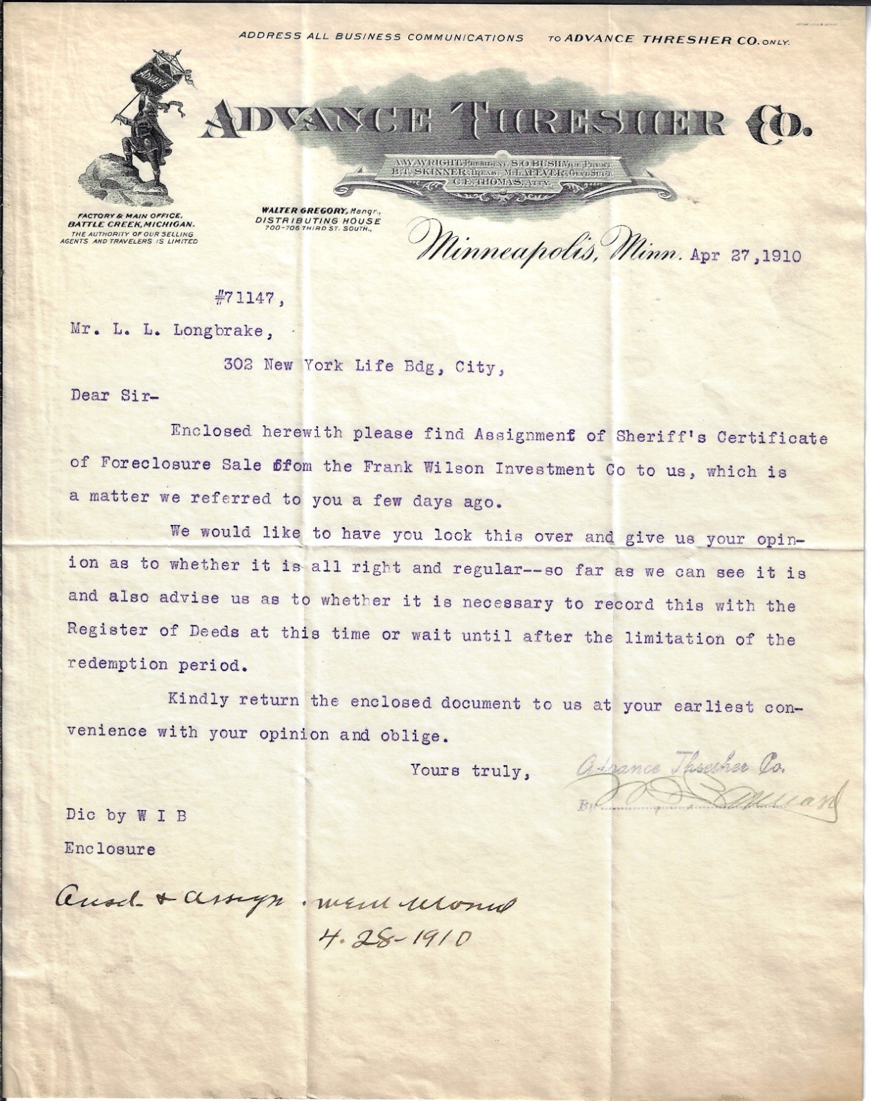 Advance Thresher Company Letter For Review of Foreclosure – 1910
