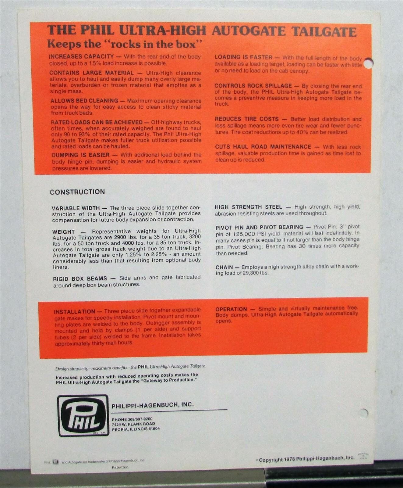 1978 Phil Ultra High Tall Gate Dump Trucks Construction Sales Sheet