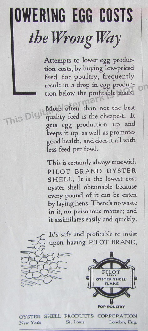 1932 Print Ad * Pilot Brand Oyster Shell Flake Feed for Poultry Chickens Eggs