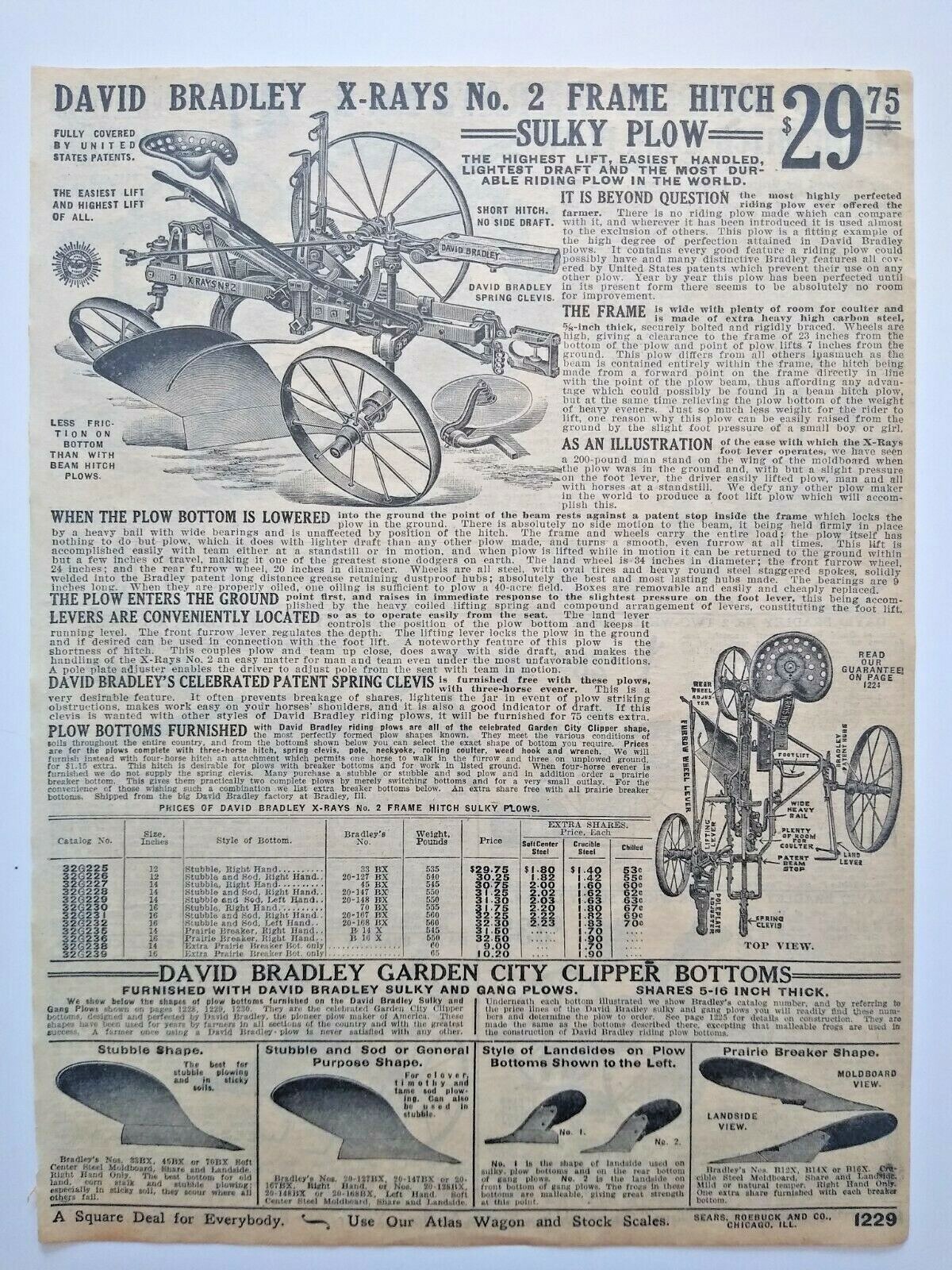 1911 Antique David Bradley X-Rays 2 Plow Farming Art Sears Catalog Page Print Ad