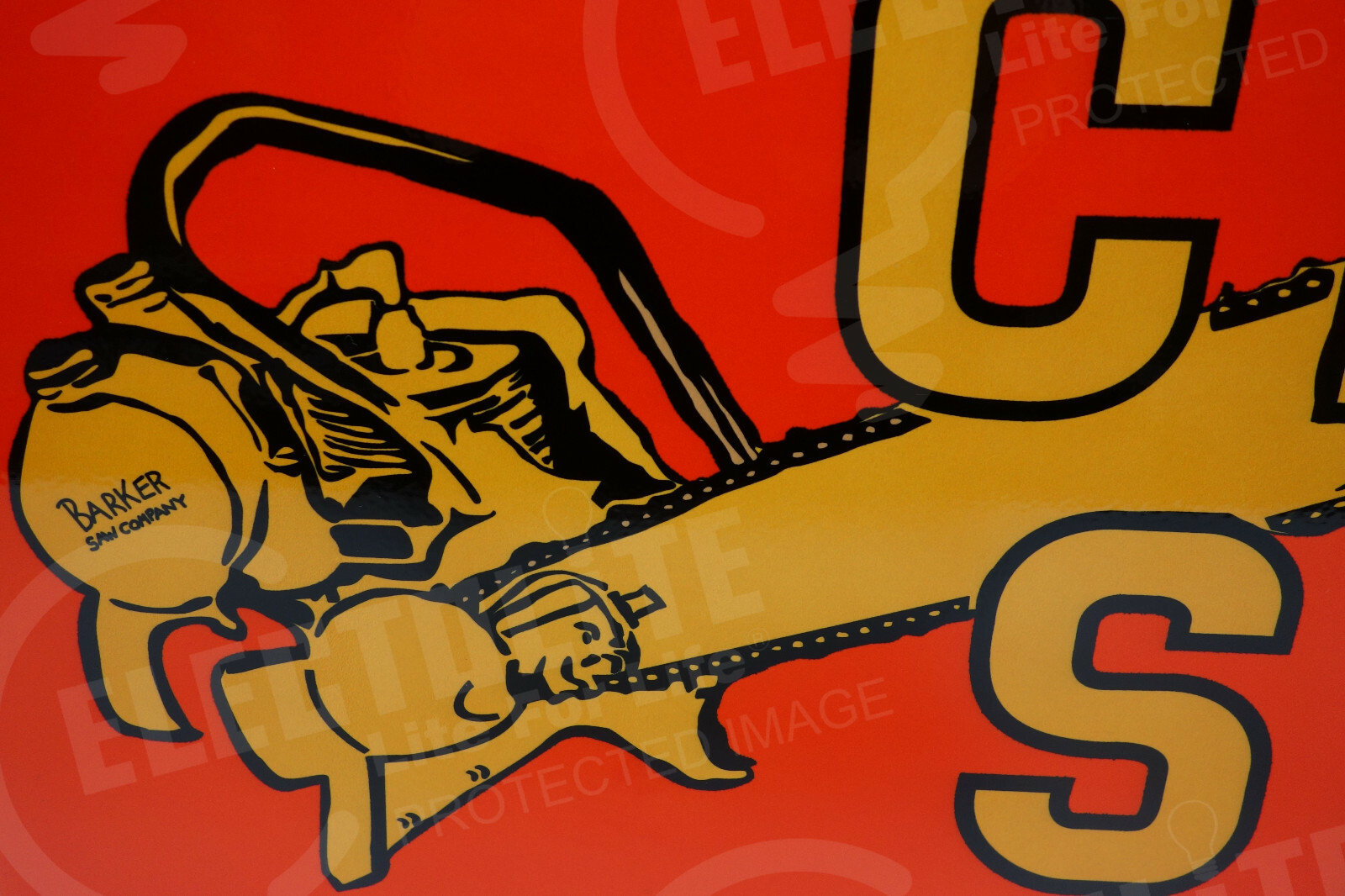 BARKER CHAIN SAW STEEL DEALER DIE CUT Sign Rare ENAMEL 14&Prime; BY 20&Prime;