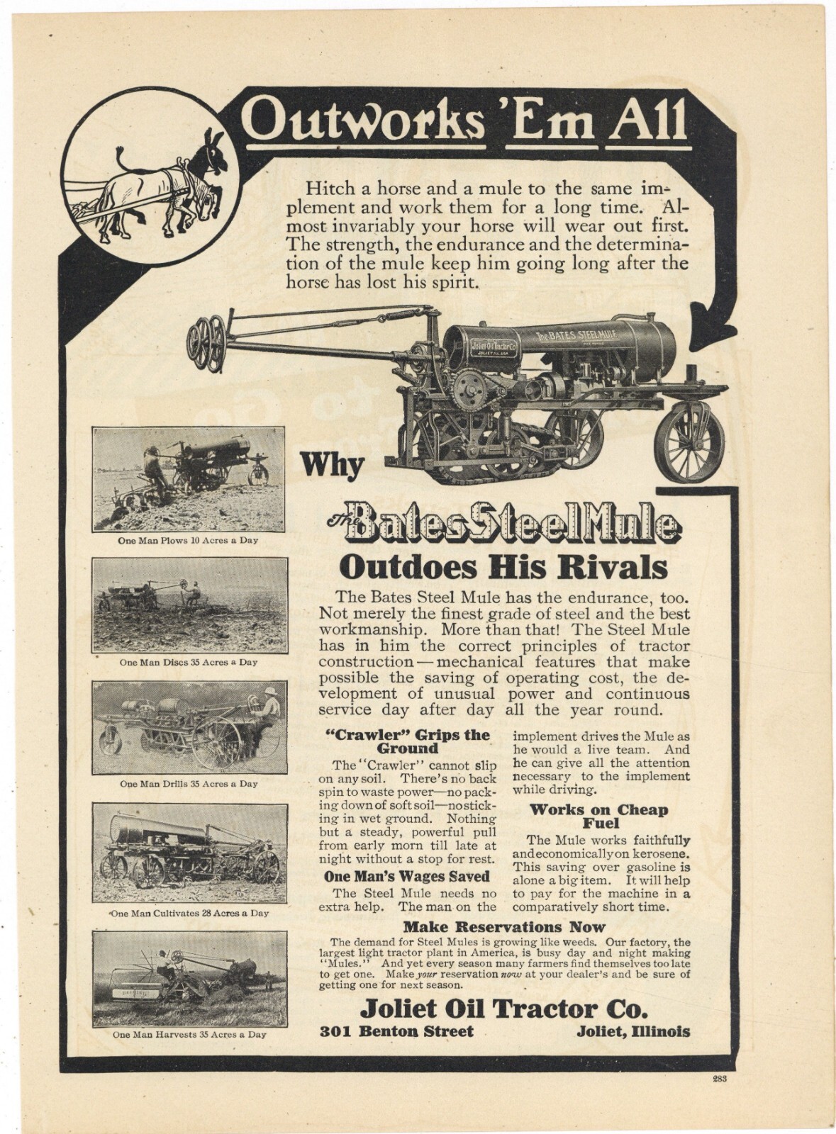 1917 Joliet Oil Tractor Co. Ad: Bates Steel Mule – Outworks &lsquo;Em All! Illinois