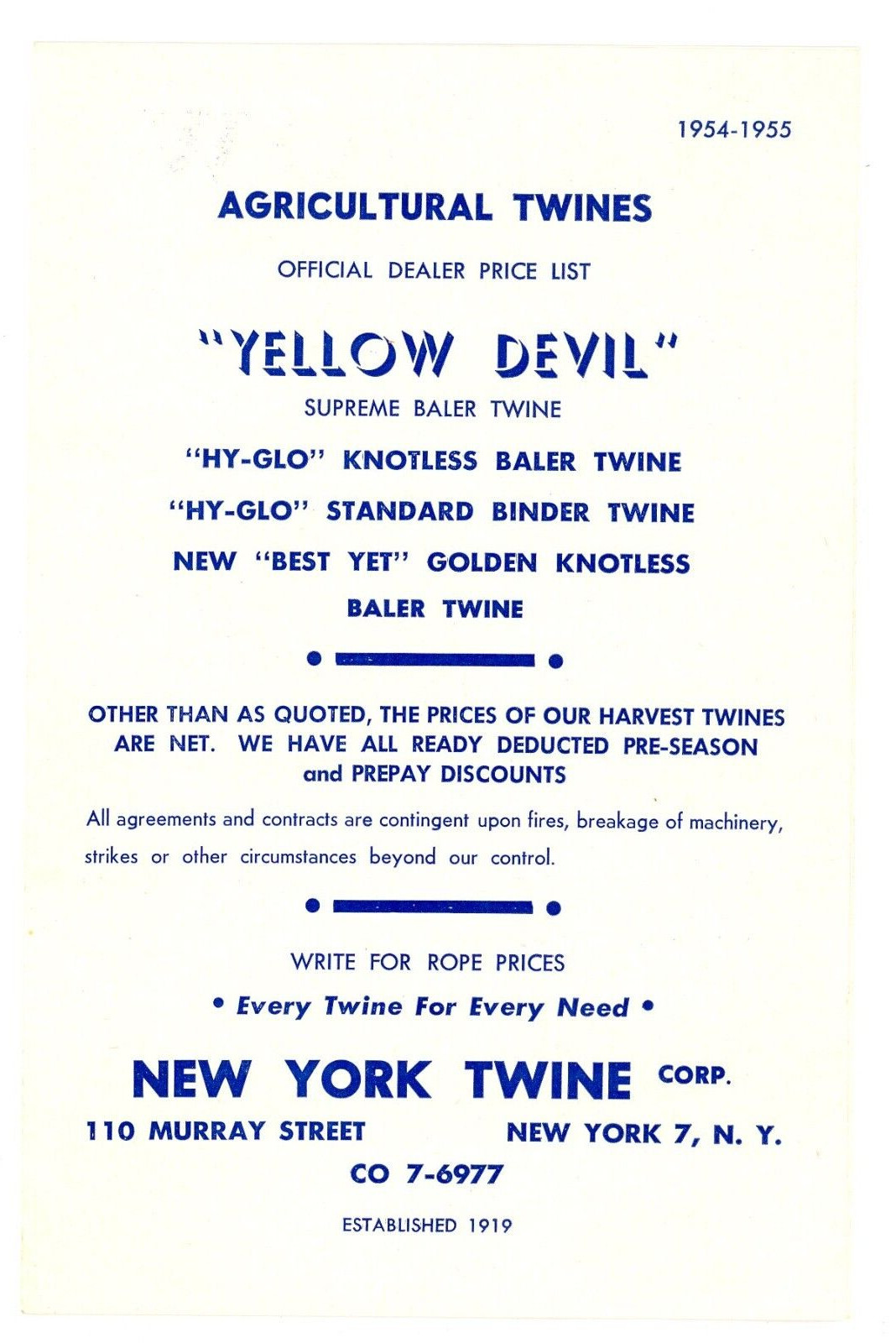 Yellow Devil Supreme Baler twine 1954-55 sales brochure New York Twine Corp