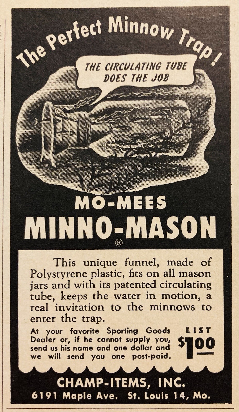 1951 AD.(PC6)~CHAMP-ITEMS, INC. ST. LOUIS, MO. MO-MESS MINNO-MASON JAR TRAP