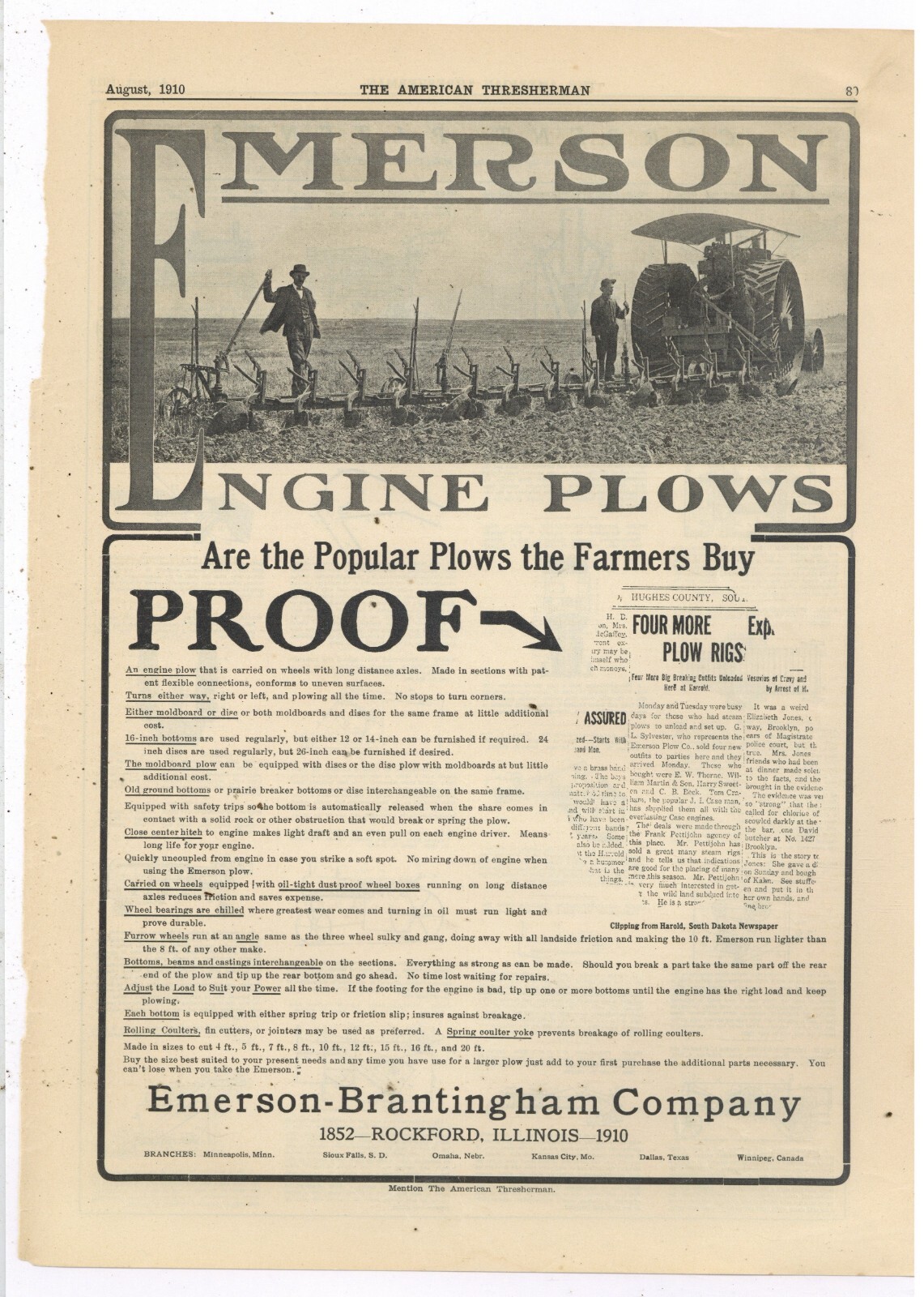 1910 Emerson Brantingham Co. Ad: Engine Plows up to 20 foot – Rockford, Illinois