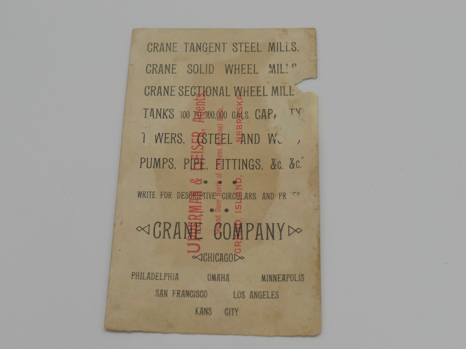 Vintage The CRANE TANGENT WINDMILL 1890&rsquo;s TRADE CARD Chicago Grand Island NE