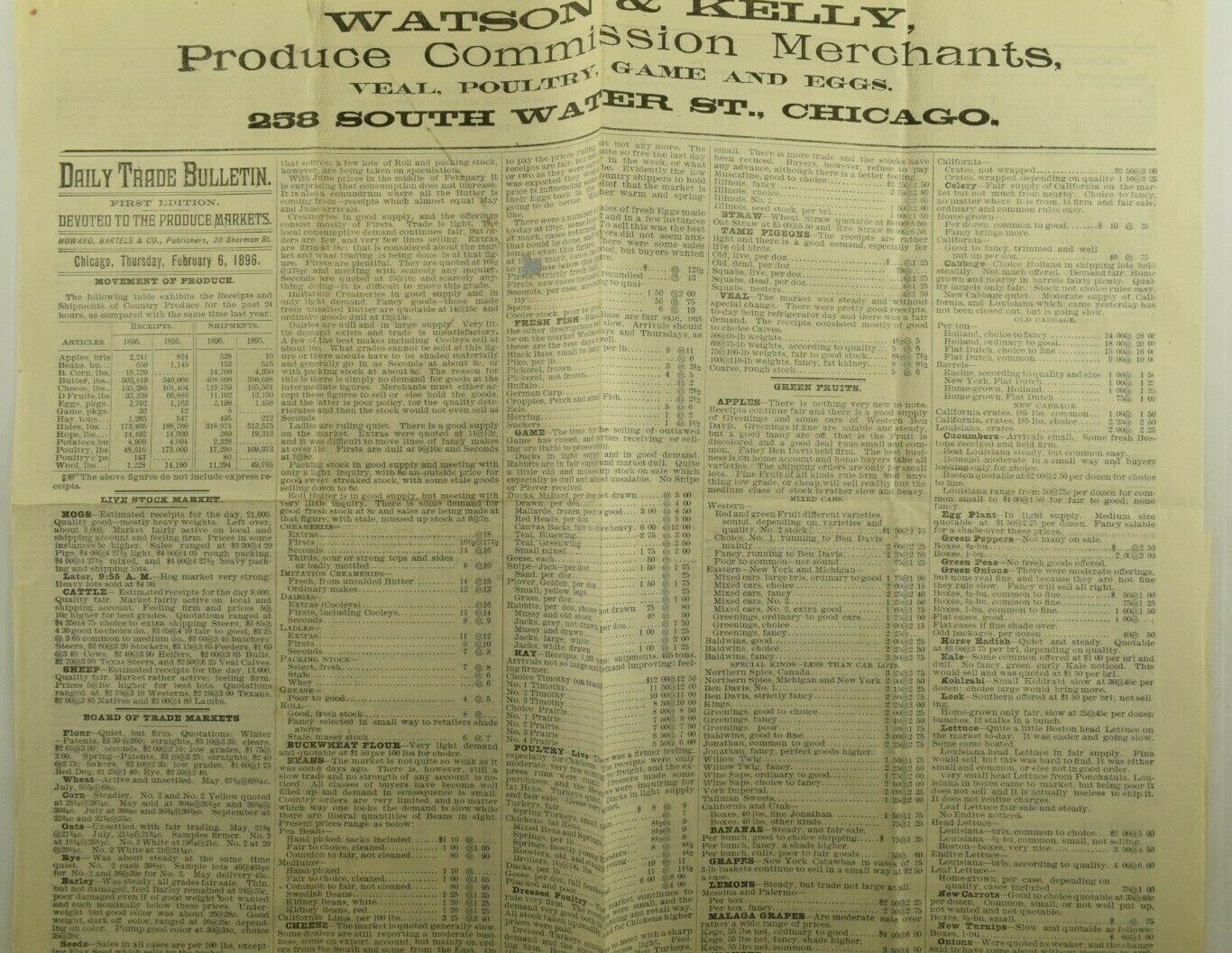 1896 Watson & Kelley Commission Merchants Chicago, IL Newspaper Flier