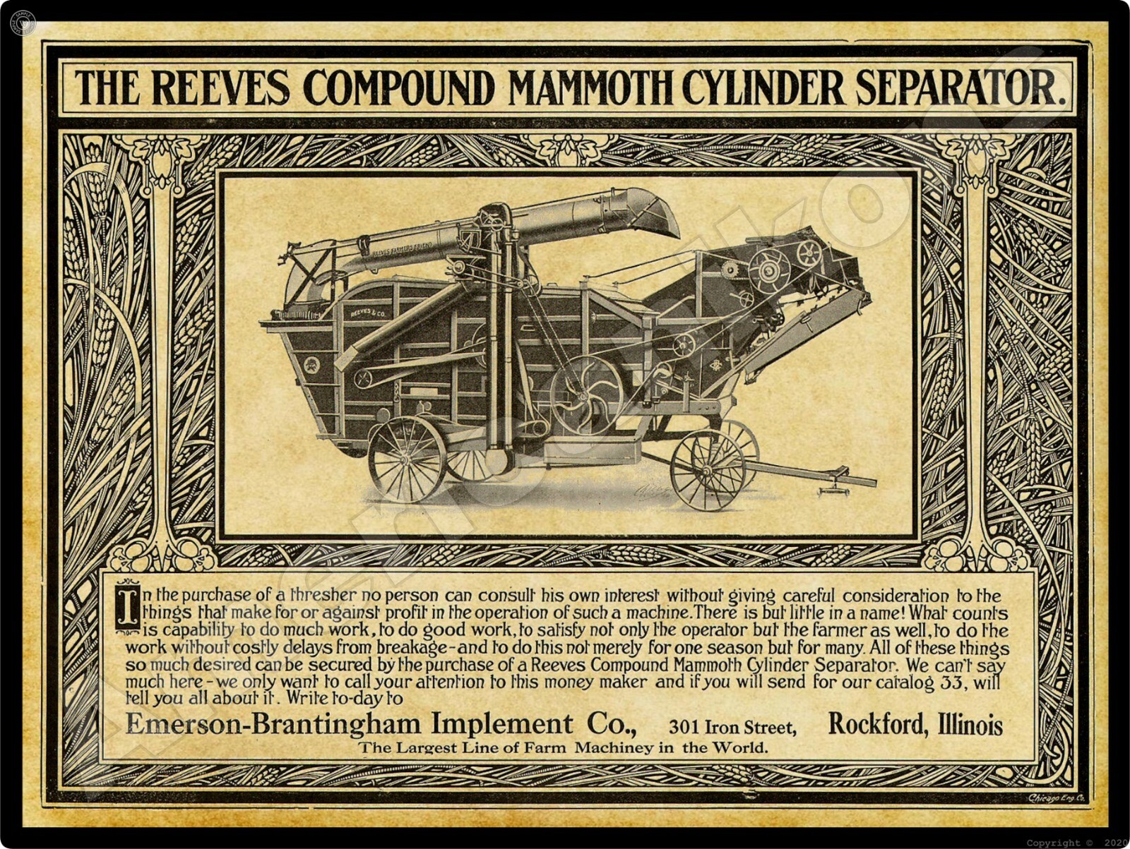 1912 Emerson Brantingham Implements New Metal Sign: Reeves Compound Separator