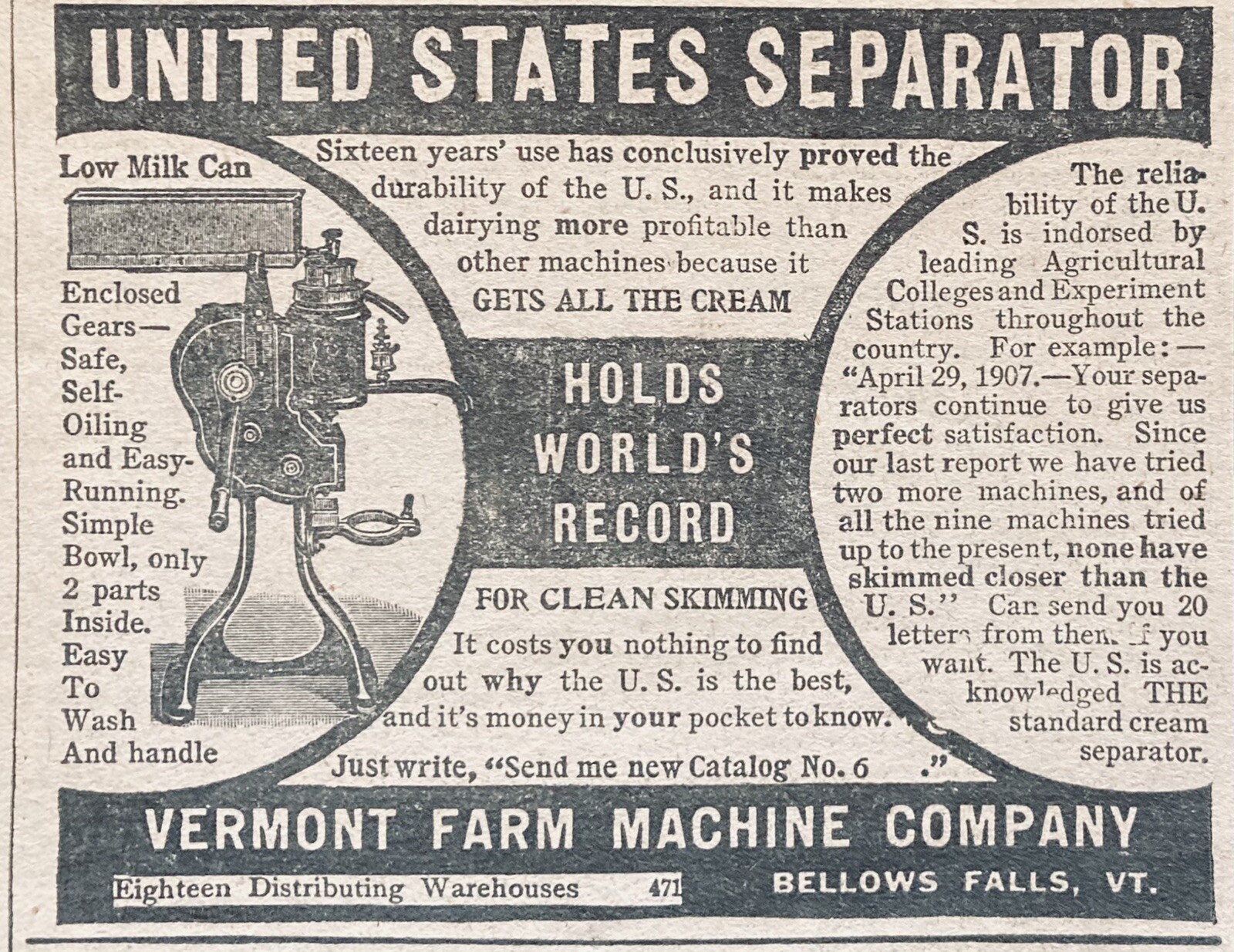 1908 AD.(XH10)~VERMONT FARM MACHINE CO. BELLOWS FALLS, VT. U.S. CREAM SEPARATOR