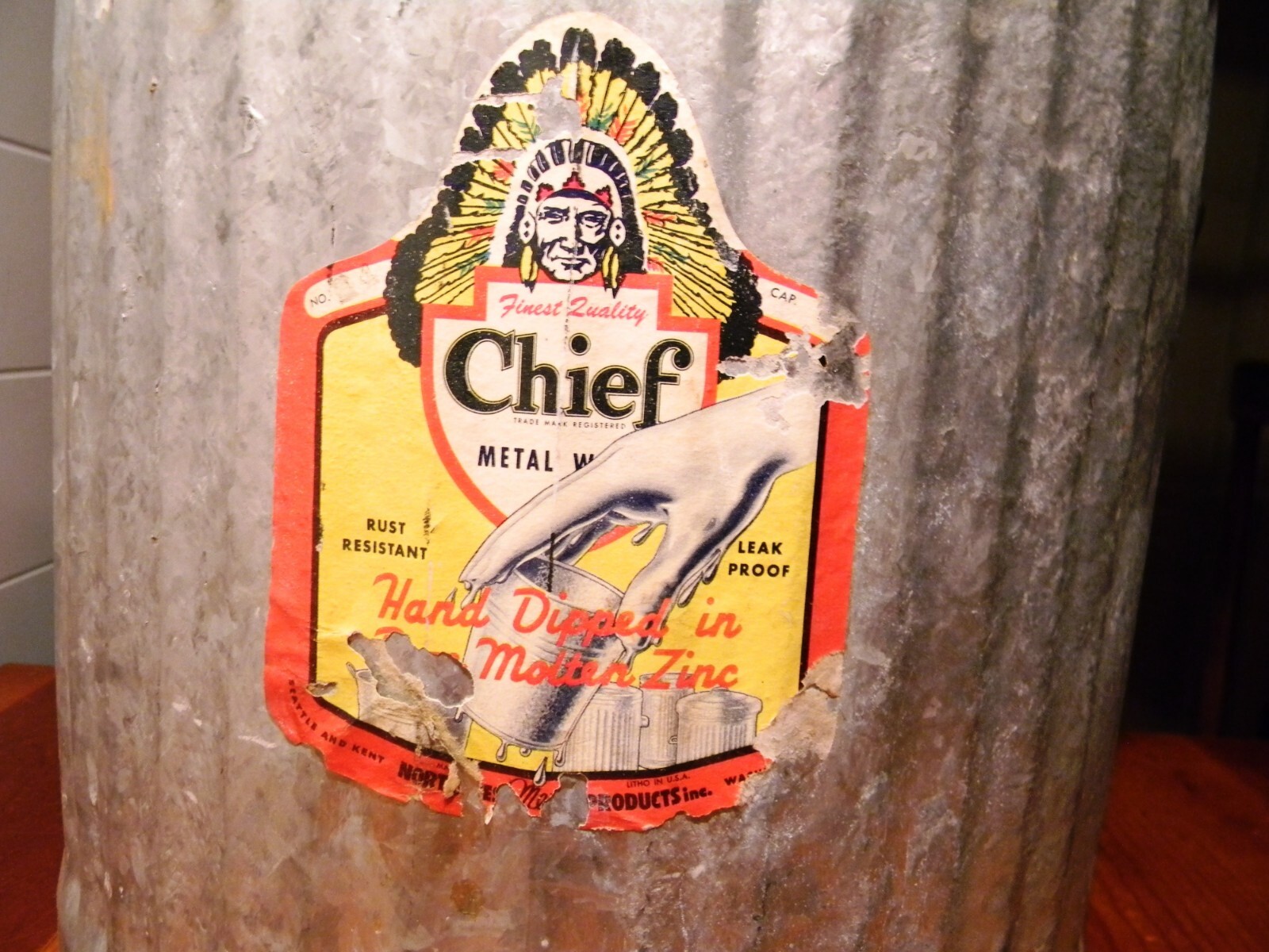 VINTAGE HAND BUCKET INDIAN LABEL 11 INCH TALL ZINC COATED WITH HANDEL PAIL