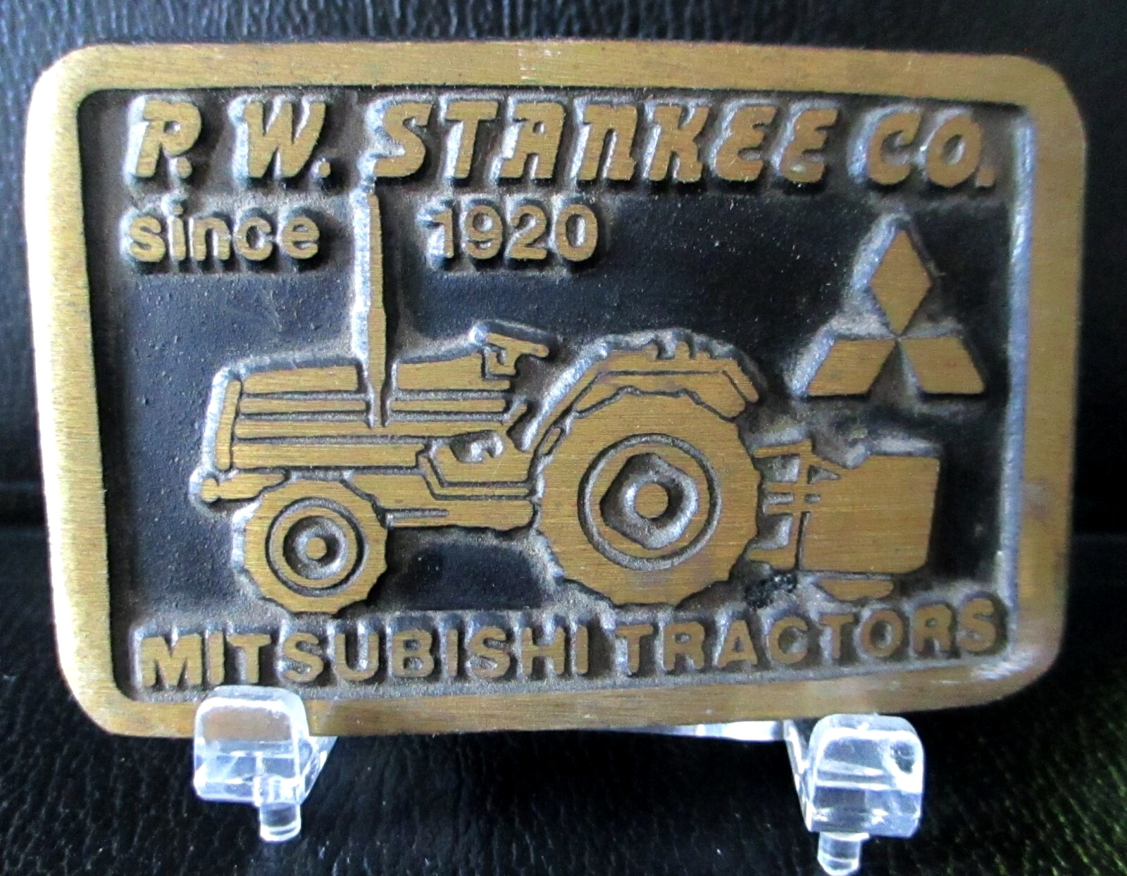 MITSUBISHI Tractors Brass Belt Buckle Advertising R. W. STANKEE Co Since 1920