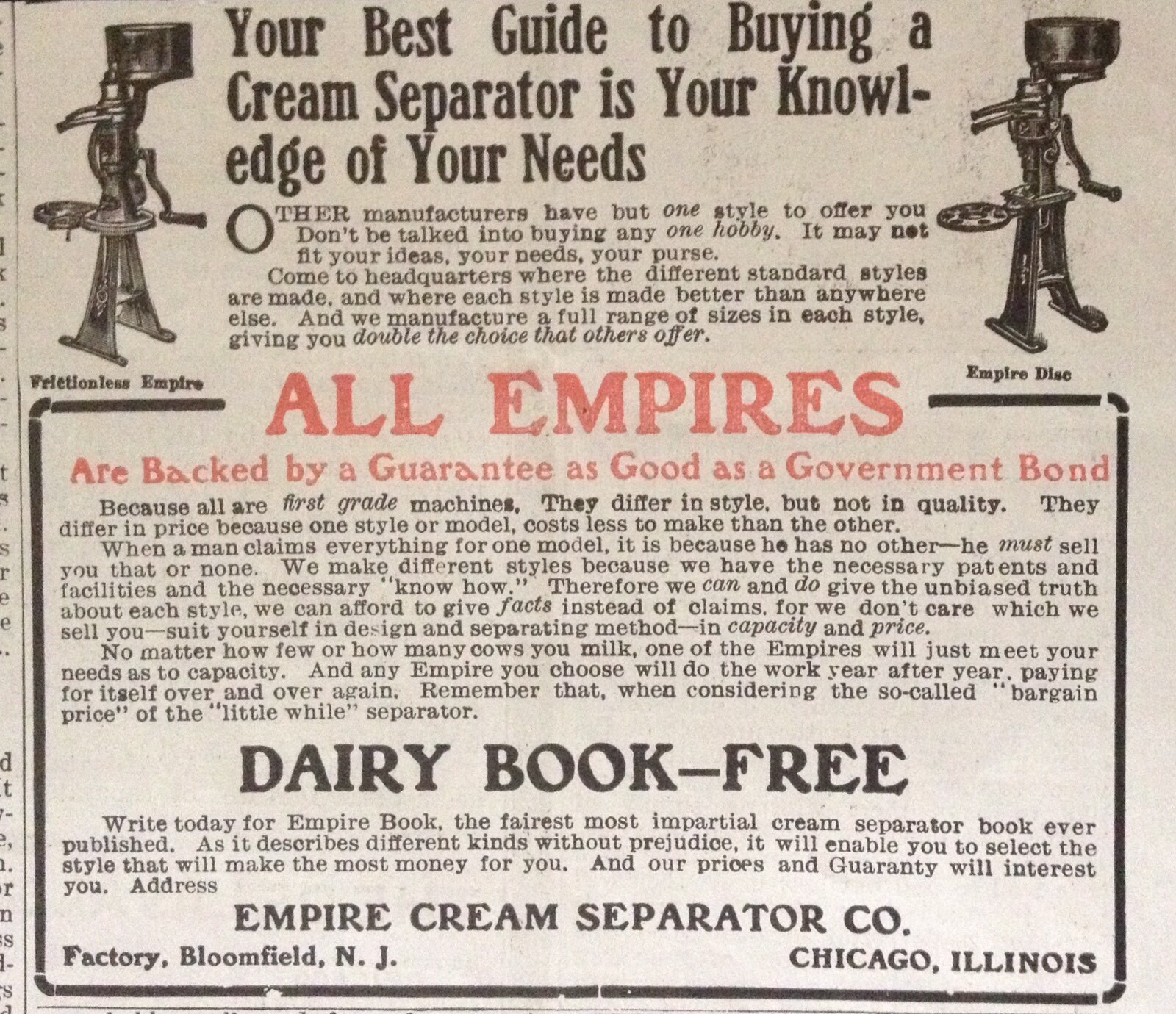 1909 AD(XF4)~EMPIRE CREAM SEPARATOR CO. BLOOMFIELD, NJ.