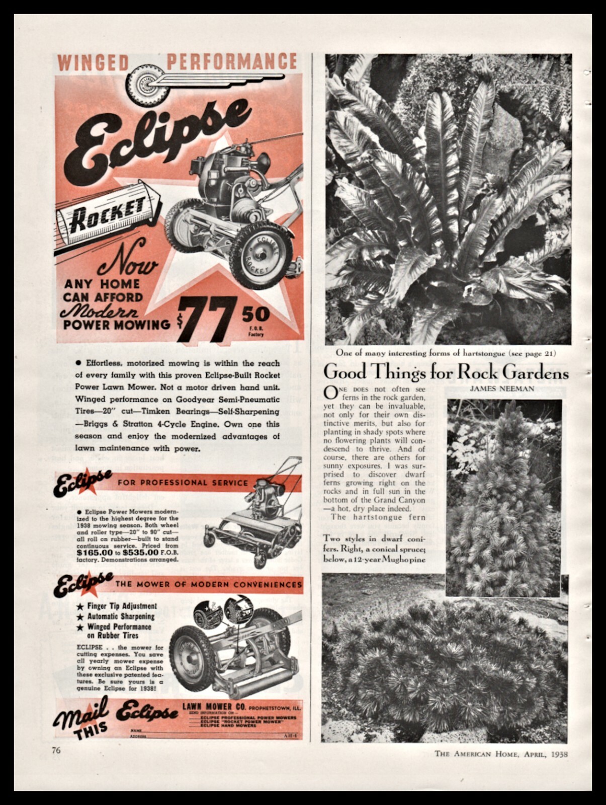 1939 ECLIPSE Rocket Power Lawn Mower Vintage Print AD w/ Push & Professional