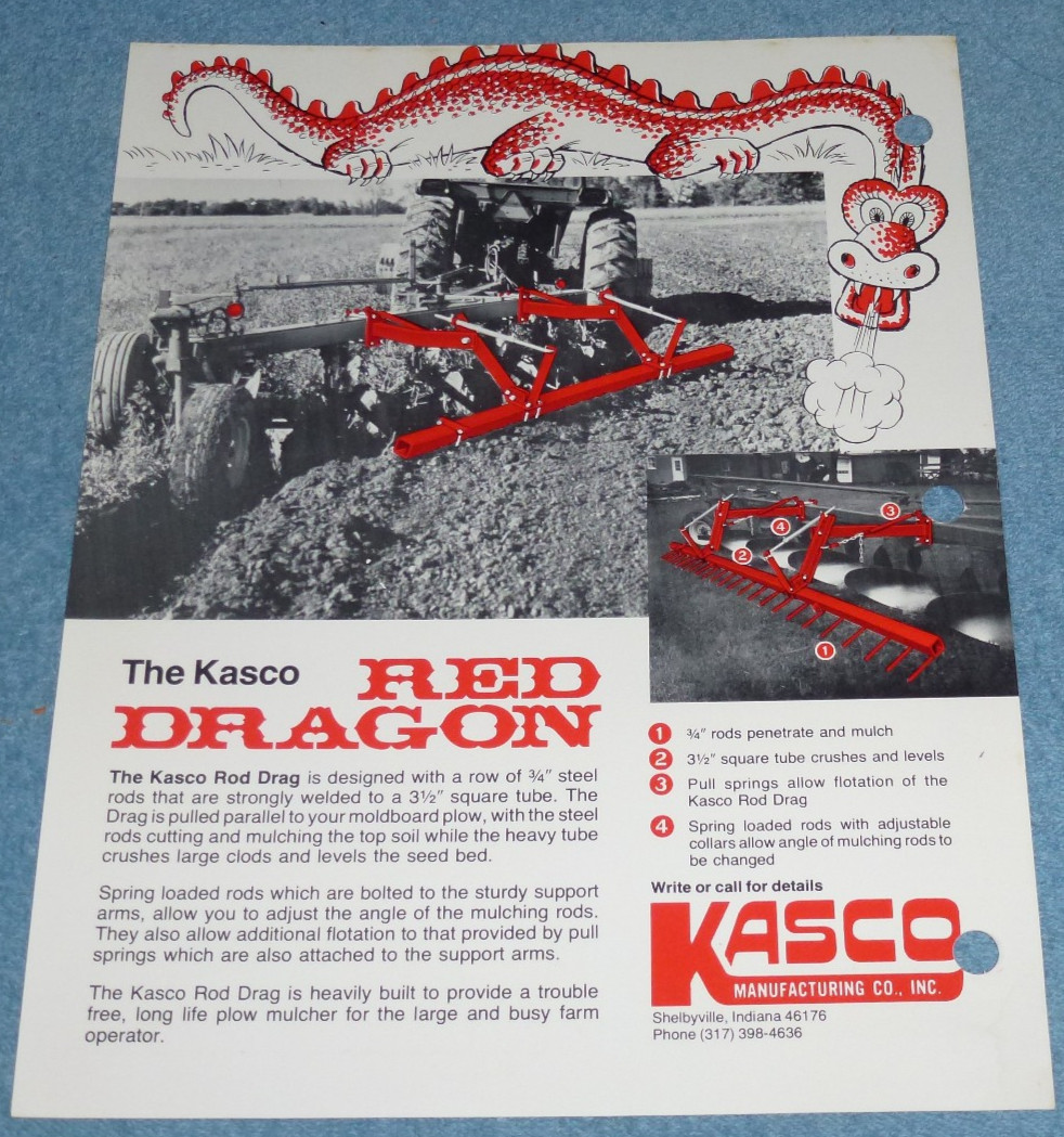 Vintage Kasco Mfg Co Red Dragon Rod Drag For Plows Farm Equipment Brochure Sheet