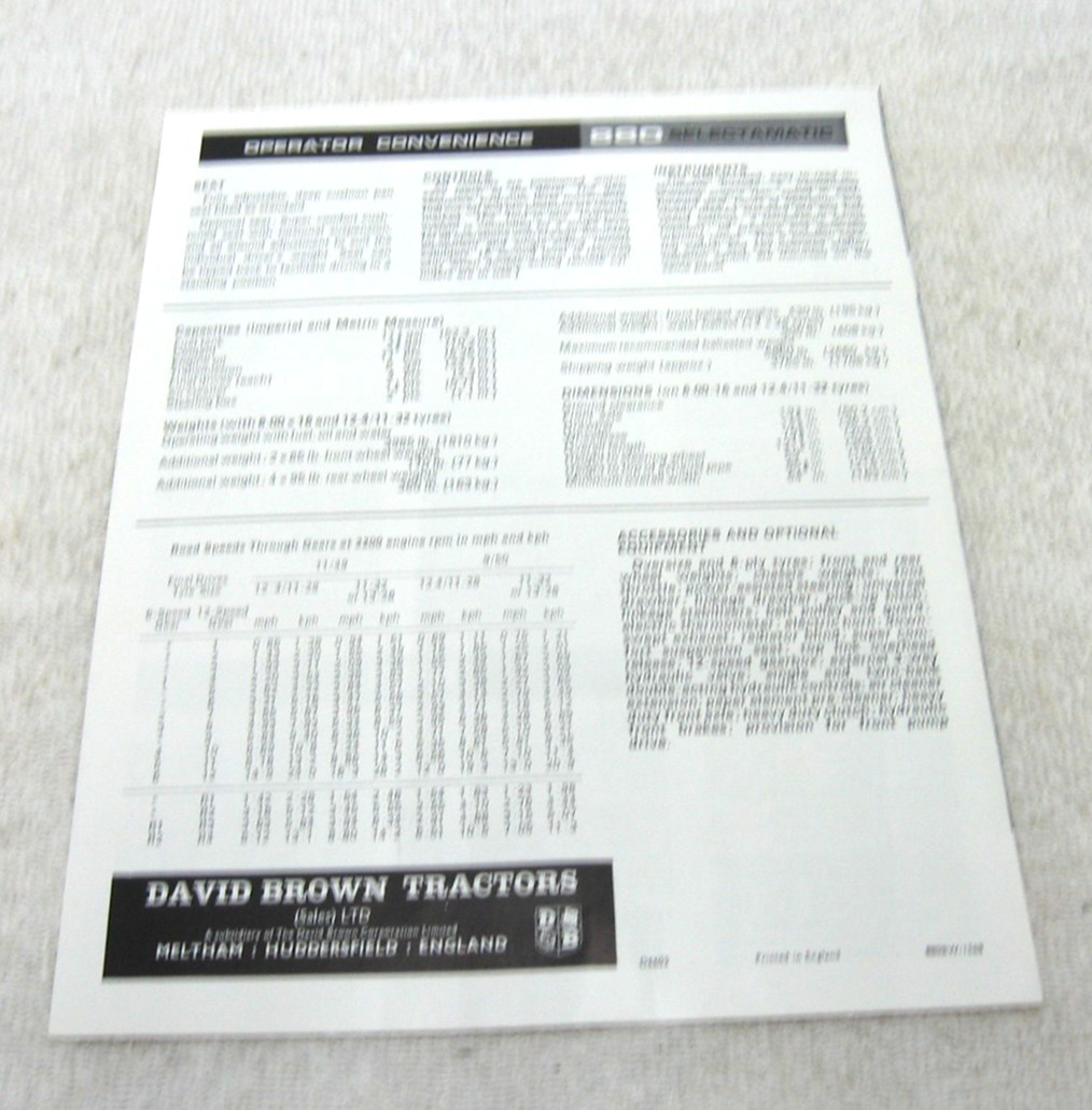 VINTAGE 1966 DAVID BROWN 880 SELECTOMATIC TRACTOR SPECS BROCHURE
