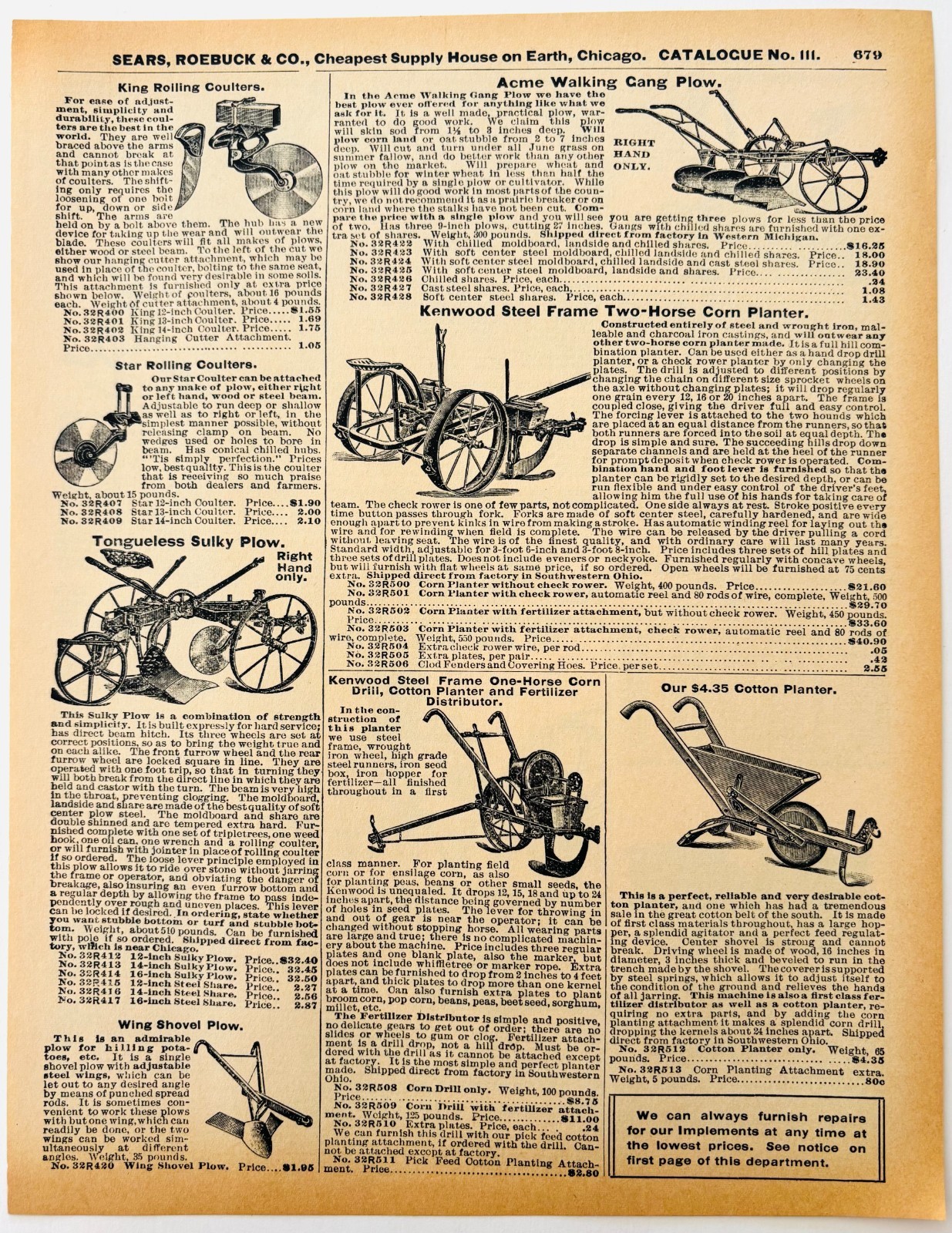 1901 Plow & Planters Farming Reproduction Advertisement Sears Agriculture DWU17D