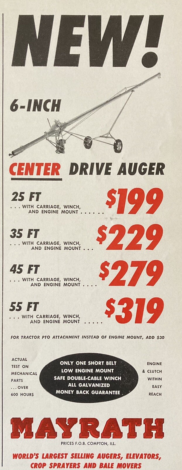 1962 AD.(XH20)~MAYRATH CO. COMPTON, ILL. NEW CENTER DRIVE AUGER