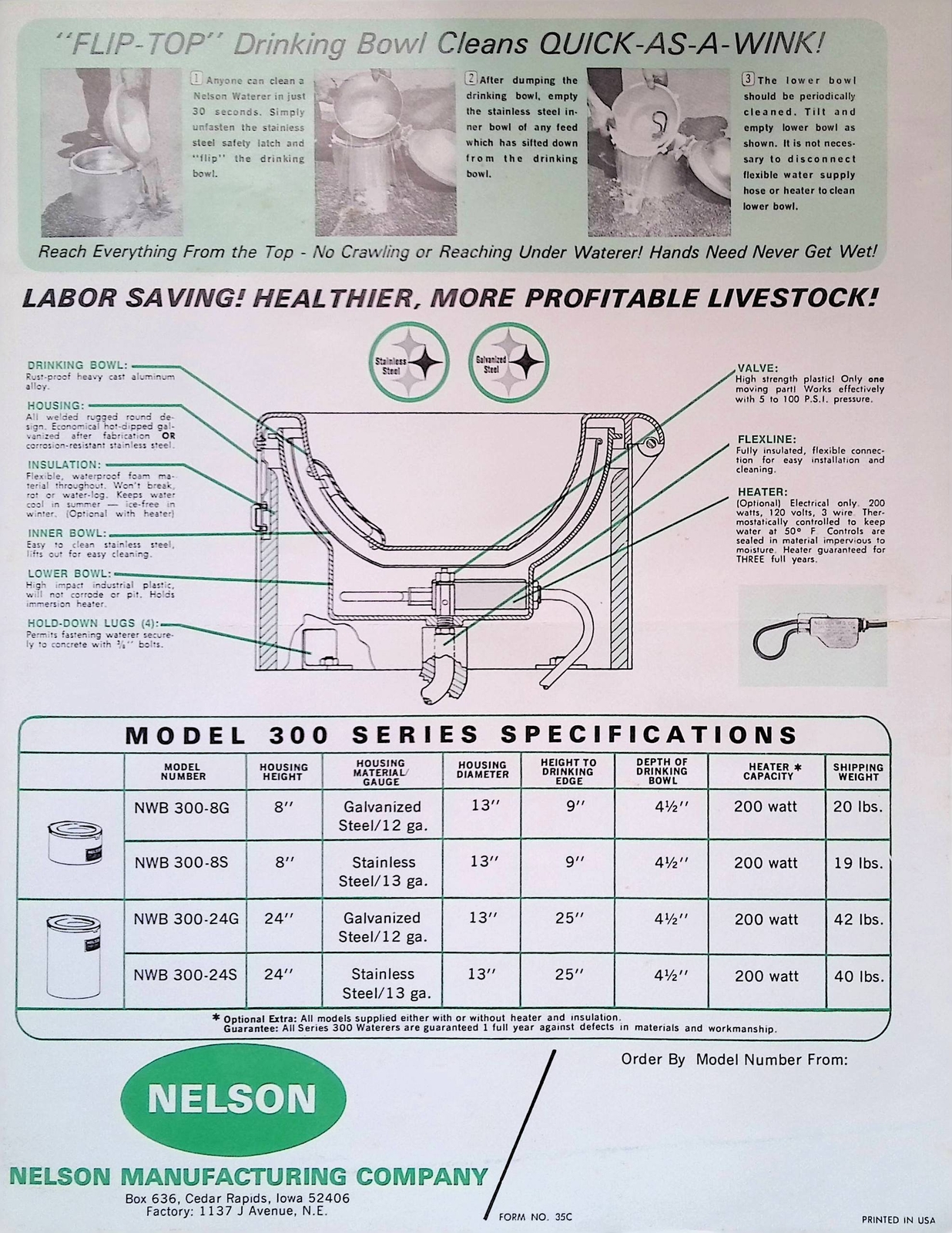 Vintage Farm Advertisement Spec Sheet Nelson Model 300 Series Livestock Waterers