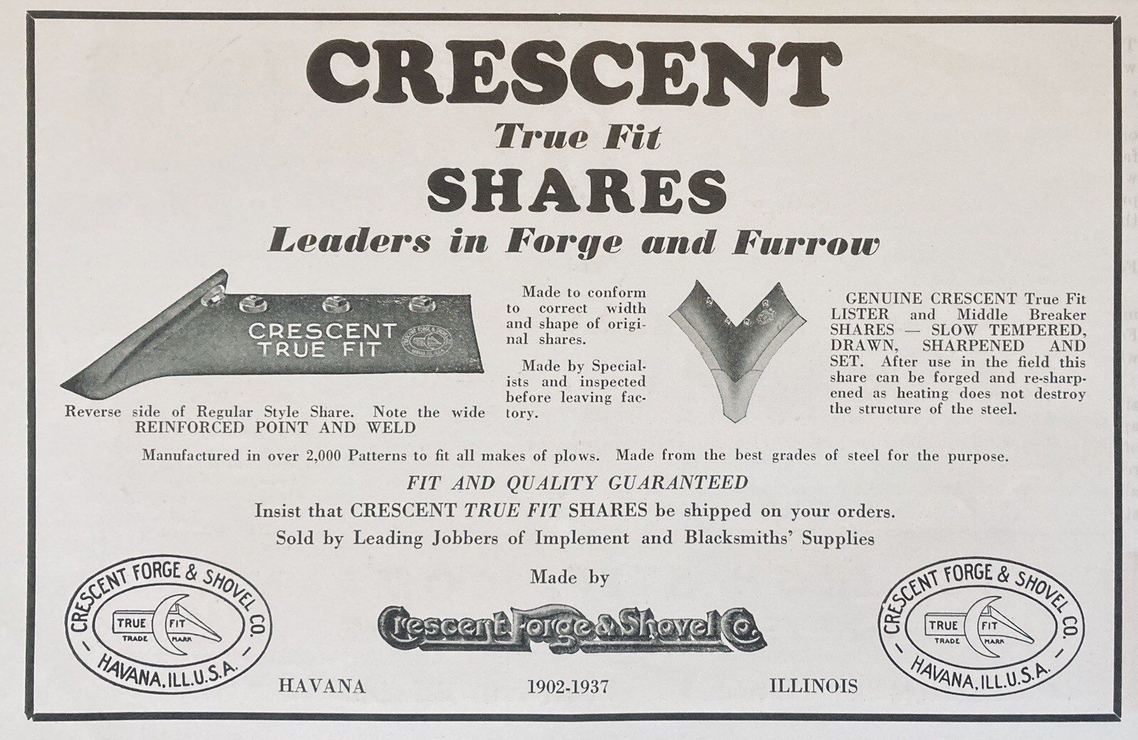 1937 AD.(XG7)~CRESCENT FORGE & SHOVEL CO. HAVANA, ILL. TRUE FIT. PLOW SHARES