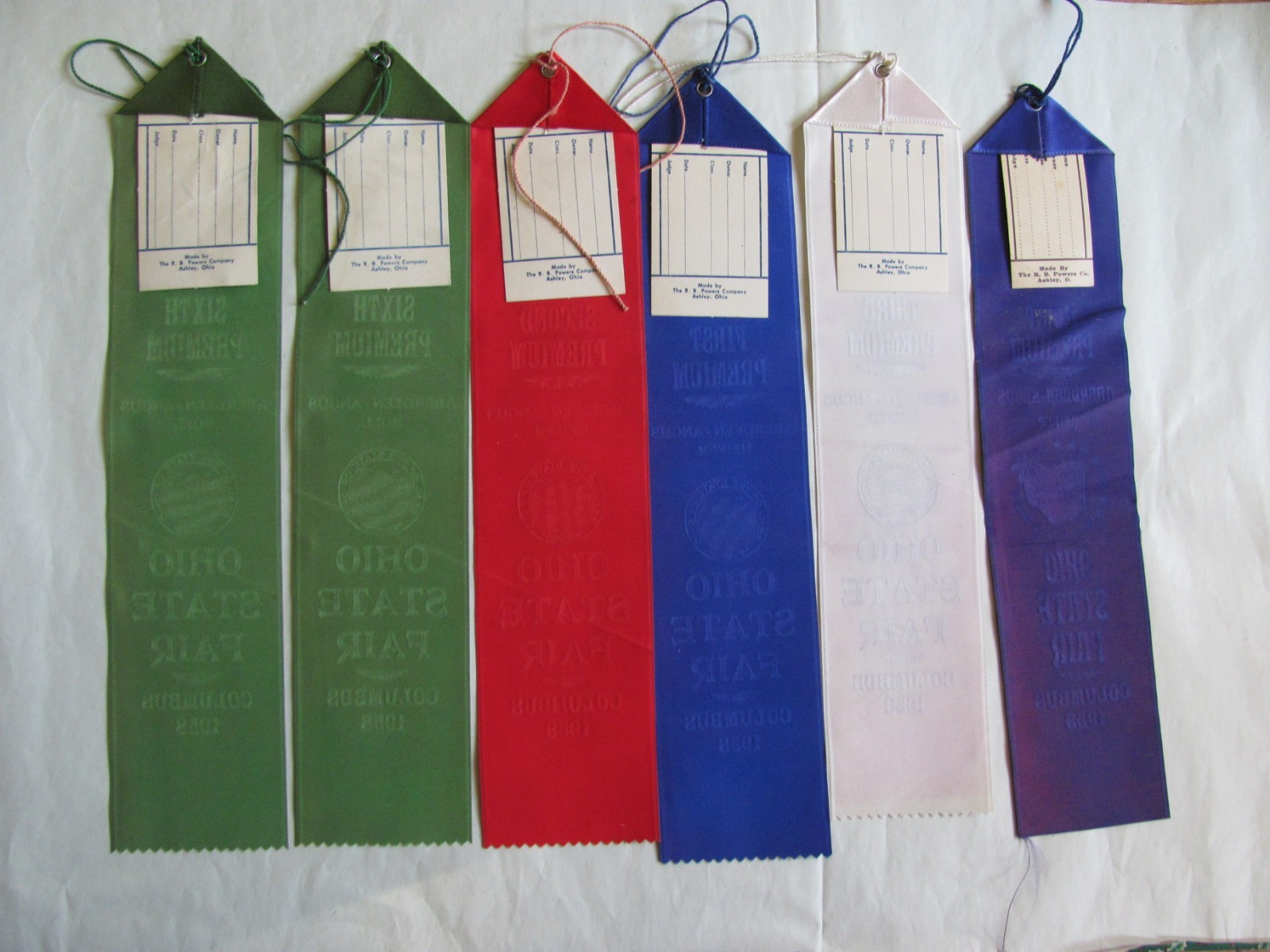 1958 FARM SHOW AWARD ANGUS BEEF CATTLE SET OF 6 RIBBONS OHIO STATE FAIR