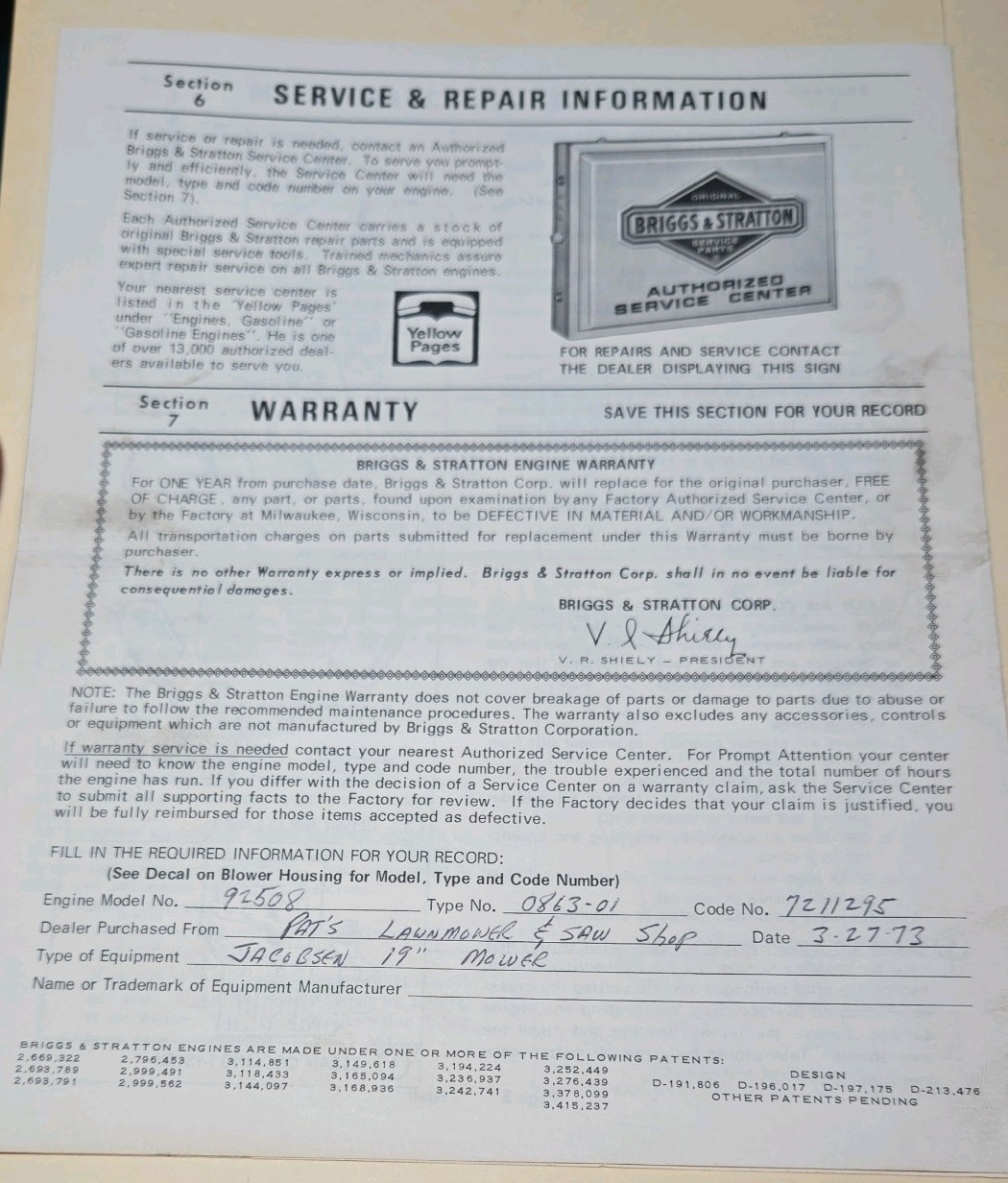 Briggs & Stratton Gasoline Engines Model 92500 to 92598 Operating Instructions