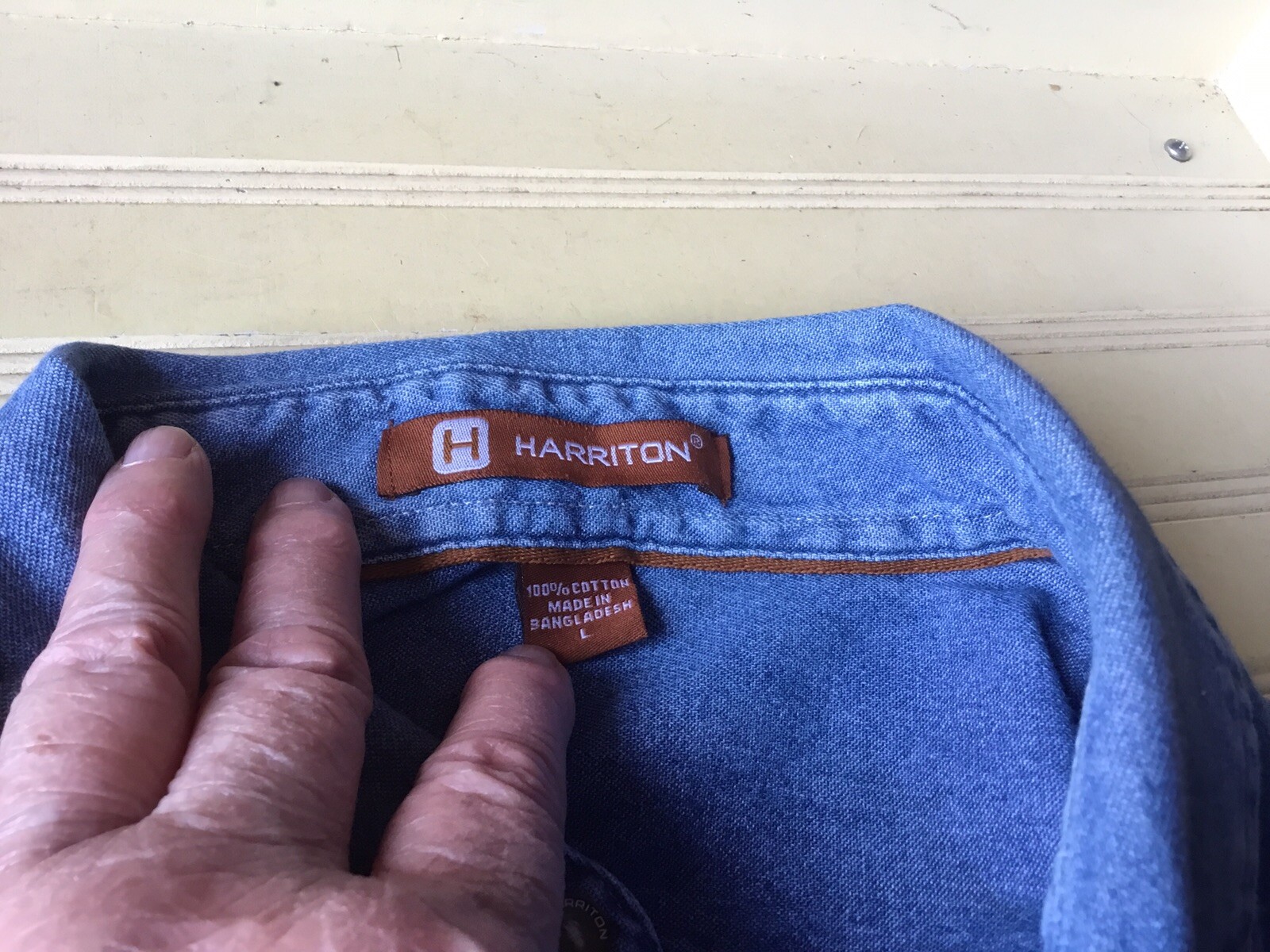 HARRITON LARGE DENIM SHORT SLEEVE BARN SHIRT VERMONT STATE FAIR AT RUTLAND VT