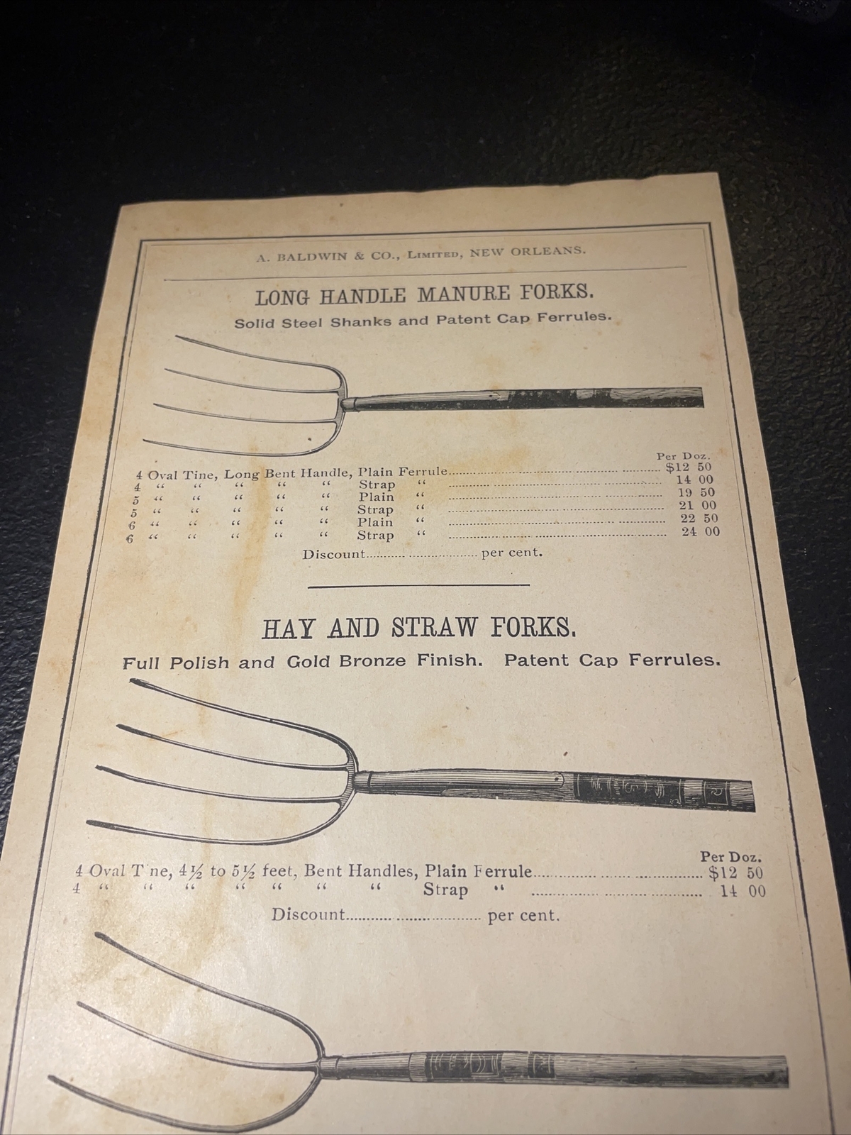 1891 Baldwin – Manure, Hay & Straw Forks – Farm Advertising – New Orleans