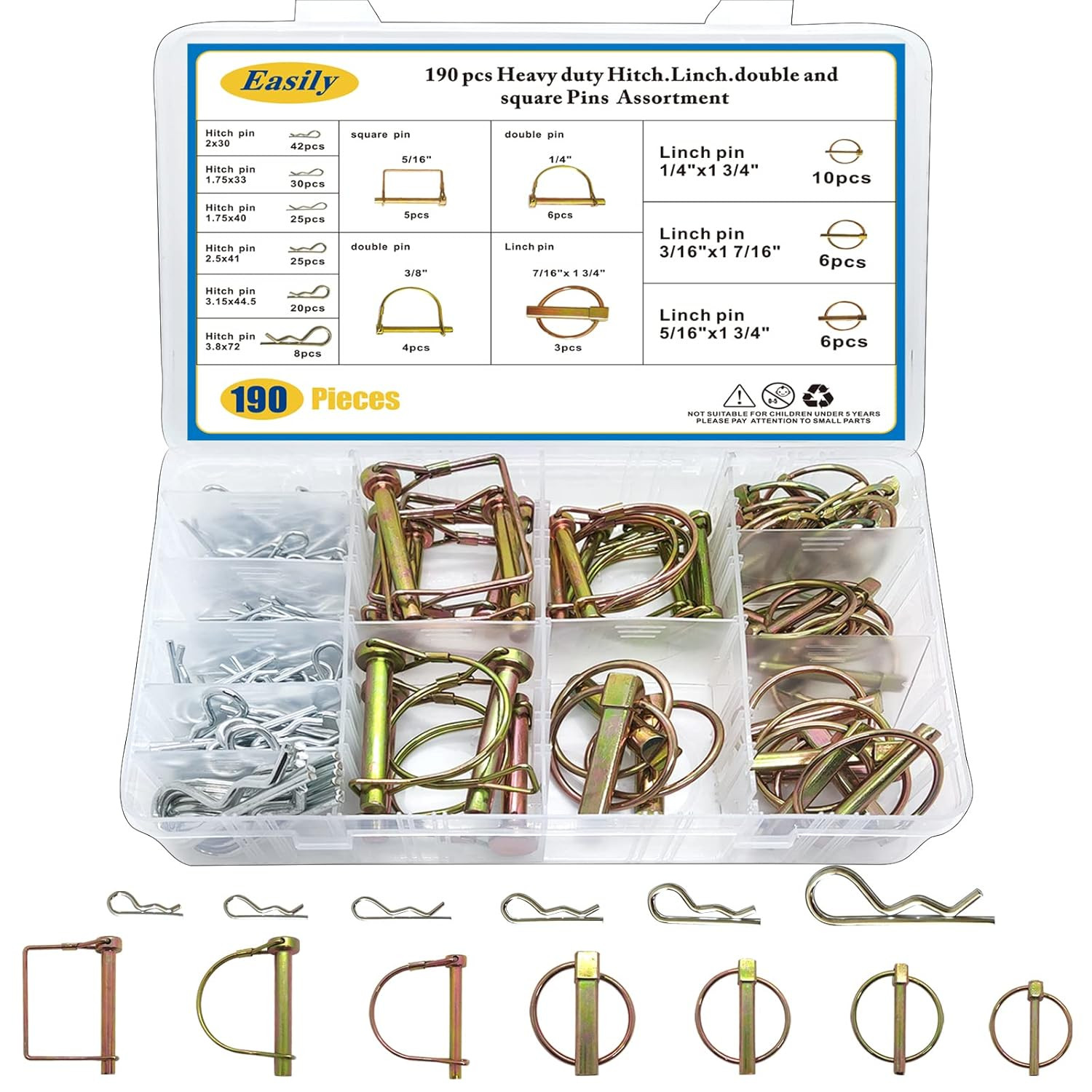 Hitch Pins Clip Pins 190Pcs, Linch and PTO Pins for Trailers Tractors Trucks Tow