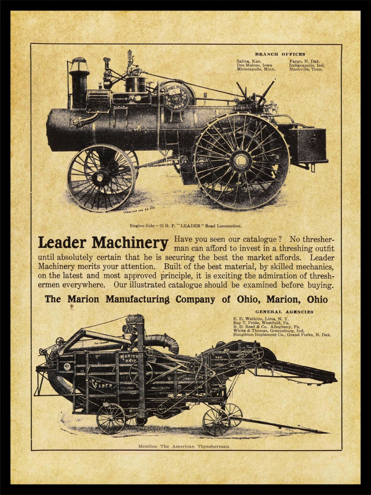 1905 Leader Road Locomotive by Marion Machinery NEW Metal Sign: Marion, OhiO
