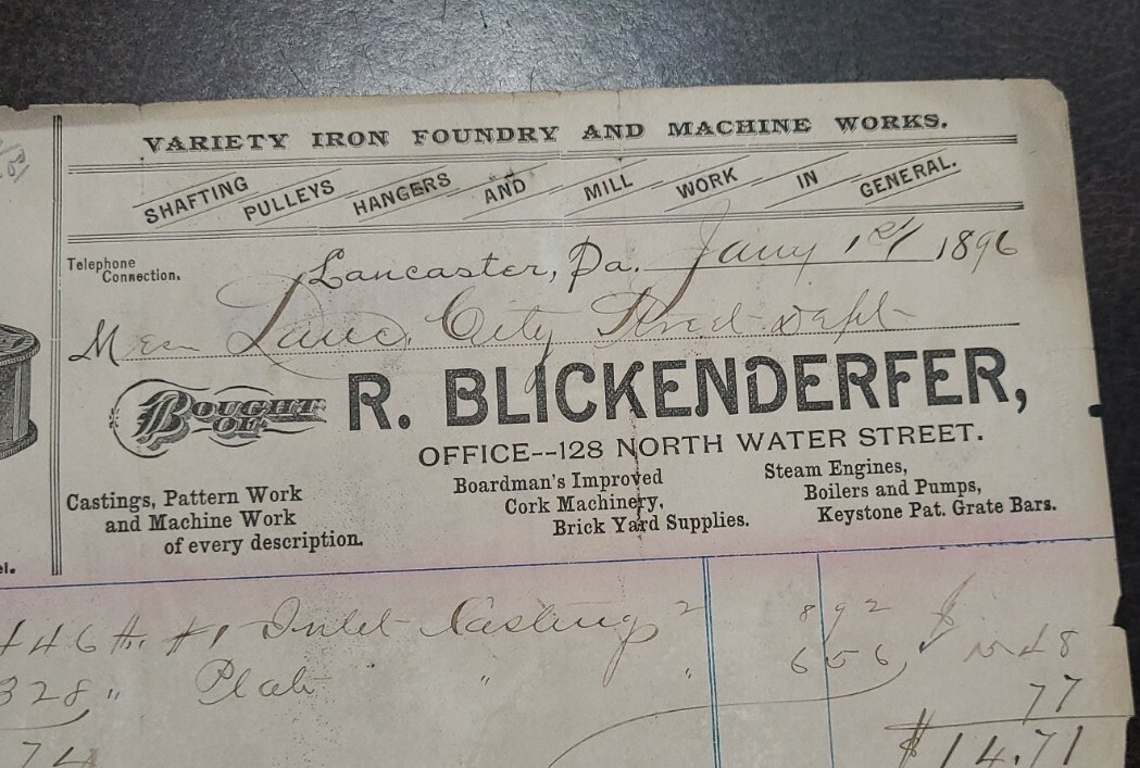 Early Lancaster Pa R. Bickenderfer Foundry Letterhead 1896