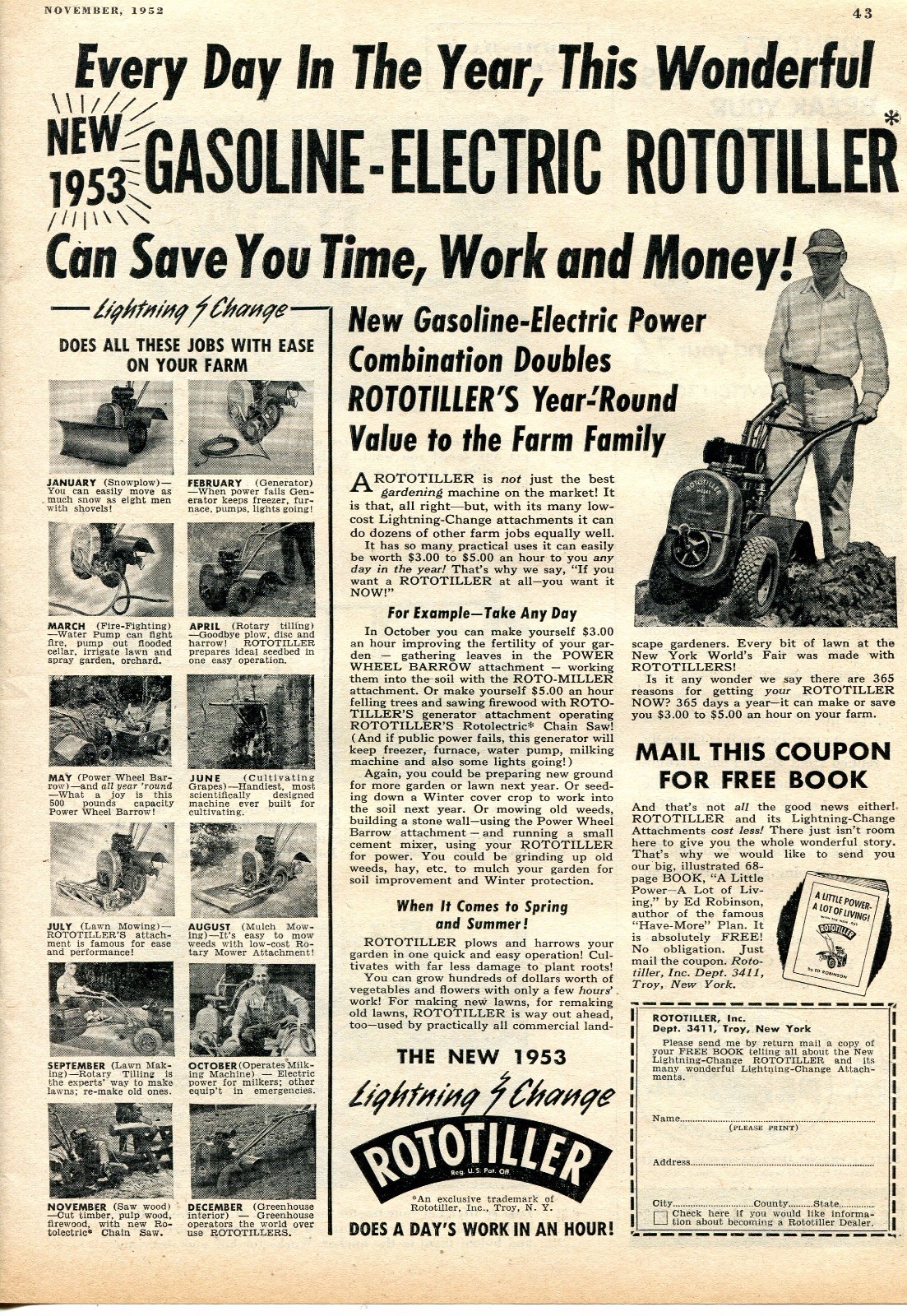 1952 Print Ad of Rototiller New 1953 Gasoline-Electric Lightning Change