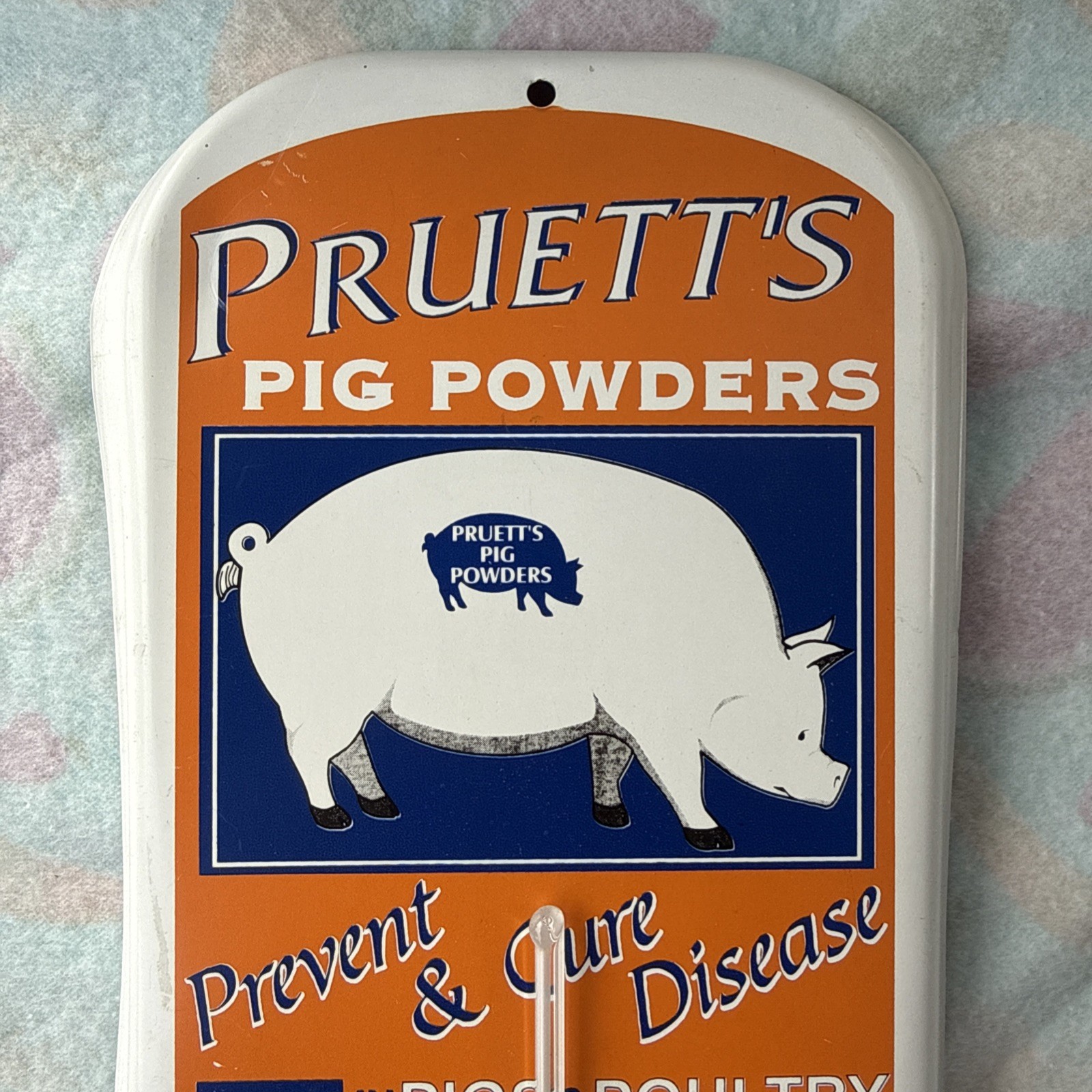 Vintage Pruett’s Pig Powders 16” Metal Taylor Thermometer -Tin Farm Sign!