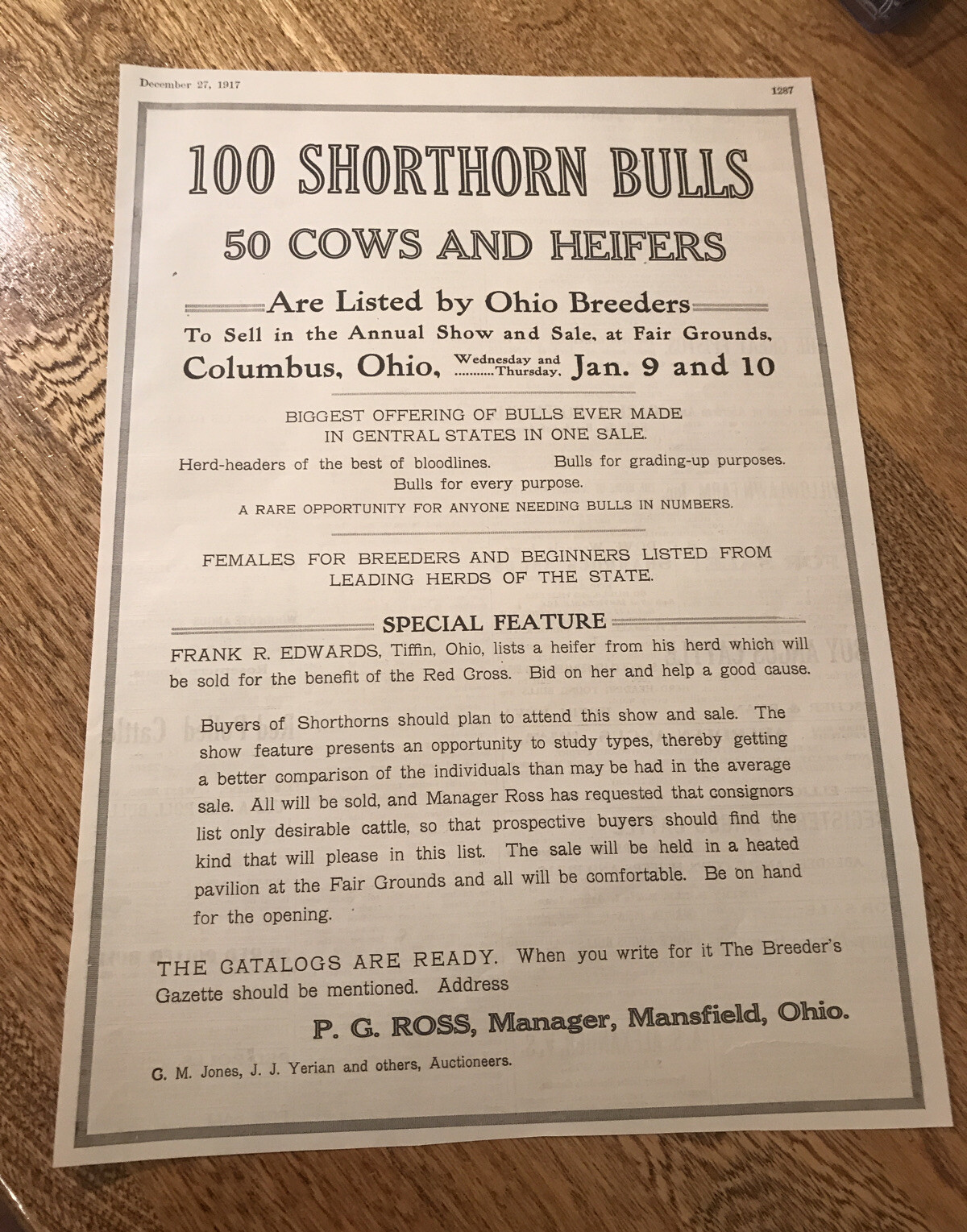 1917 Cattle Livestock Public Sale Poster – Columbus – Ohio – Cow Advertising