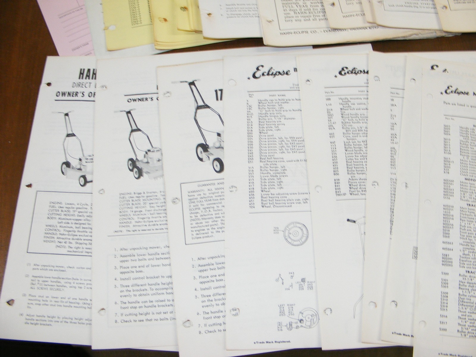 1960s Hahn Eclipse Mower Master Parts Catalog Maintenance Manual