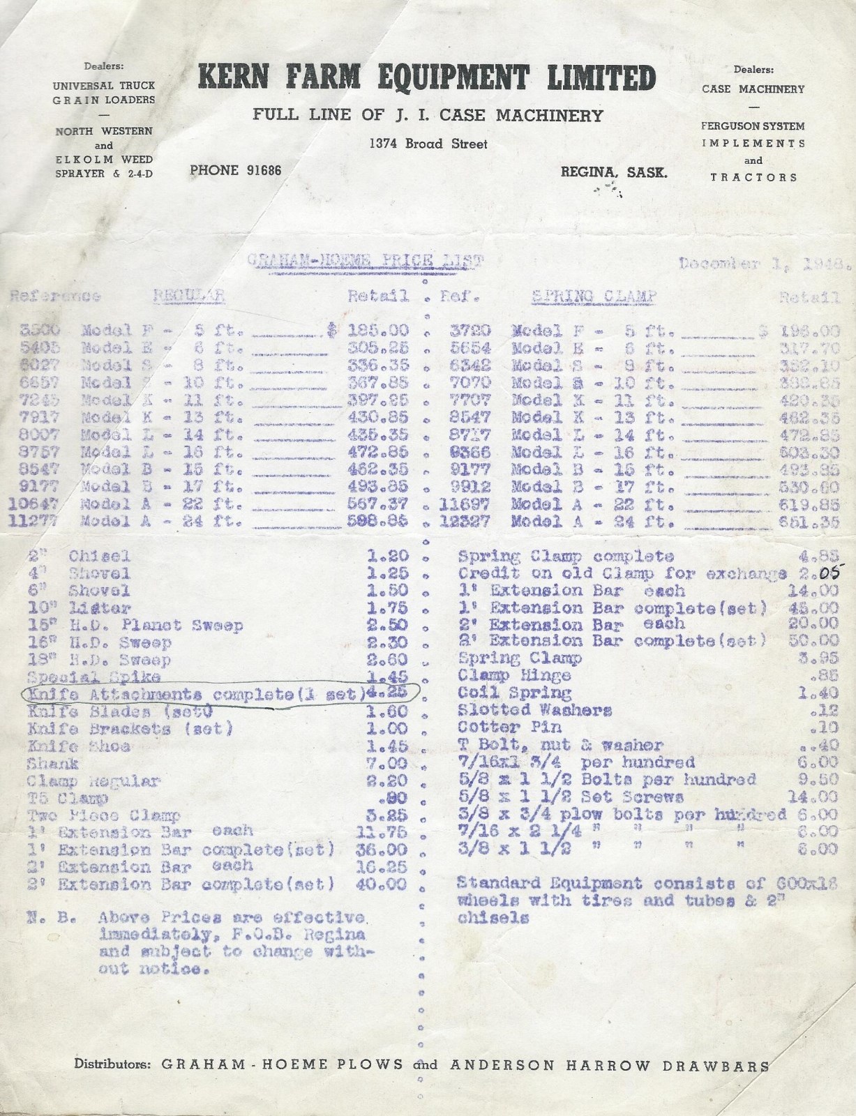 Price List – Kern Farm Eqpt Regina Sask Graham-Hoeme Case Ferguson 1948 (F5994)