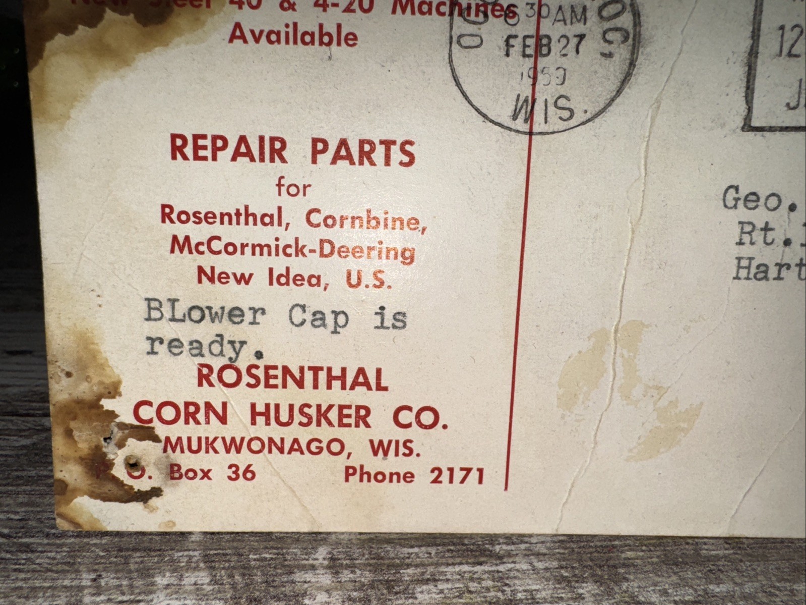 Vintage Postcard Rosenthal Corn Husker Co Corn Husker-Shredders Mukwonago Wi Wis