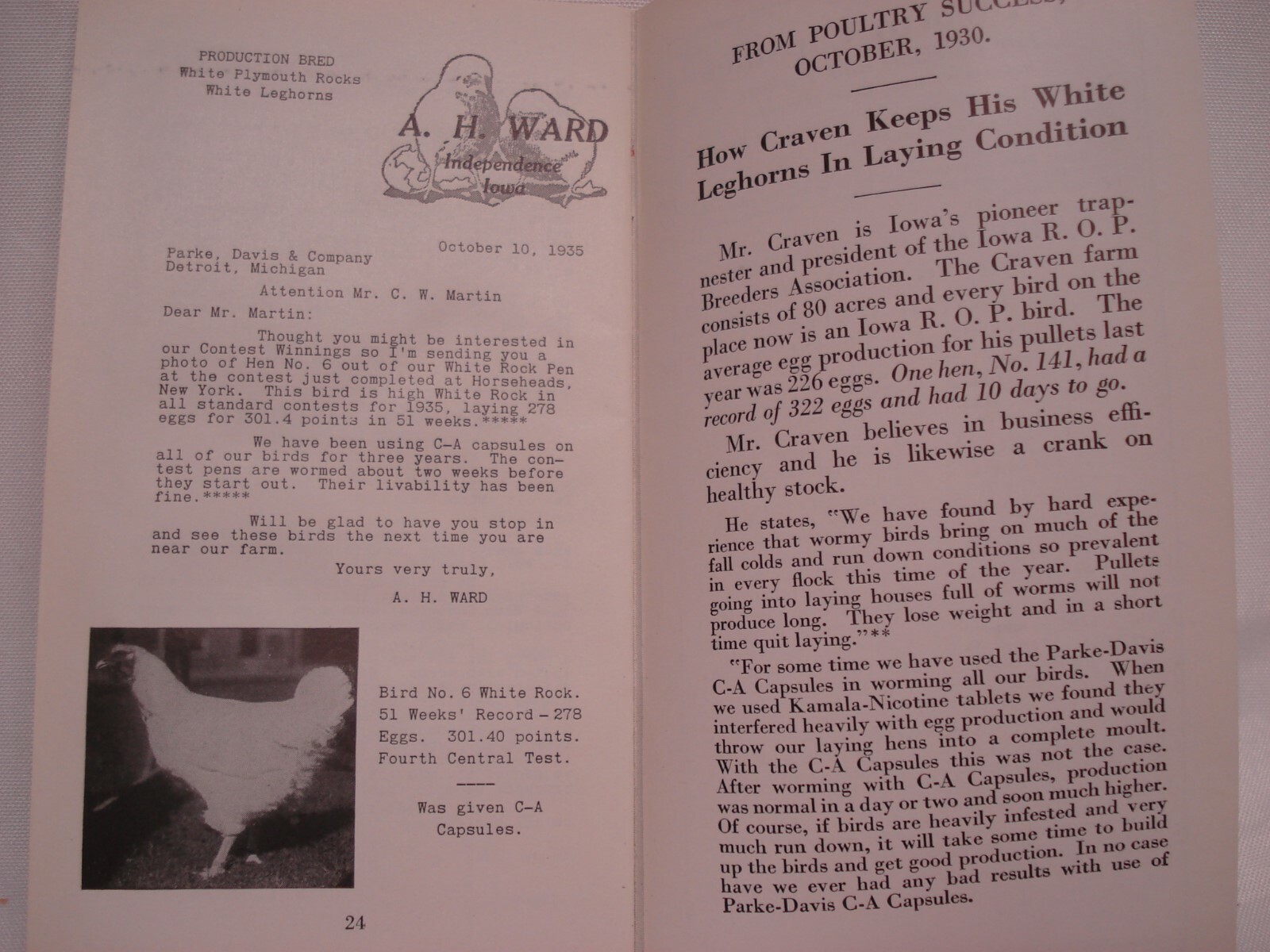 PARKE DAVIS C – A WORM CAPSULES FOR POULTRY LIVESTOCK MEDICINE PAMPHLET