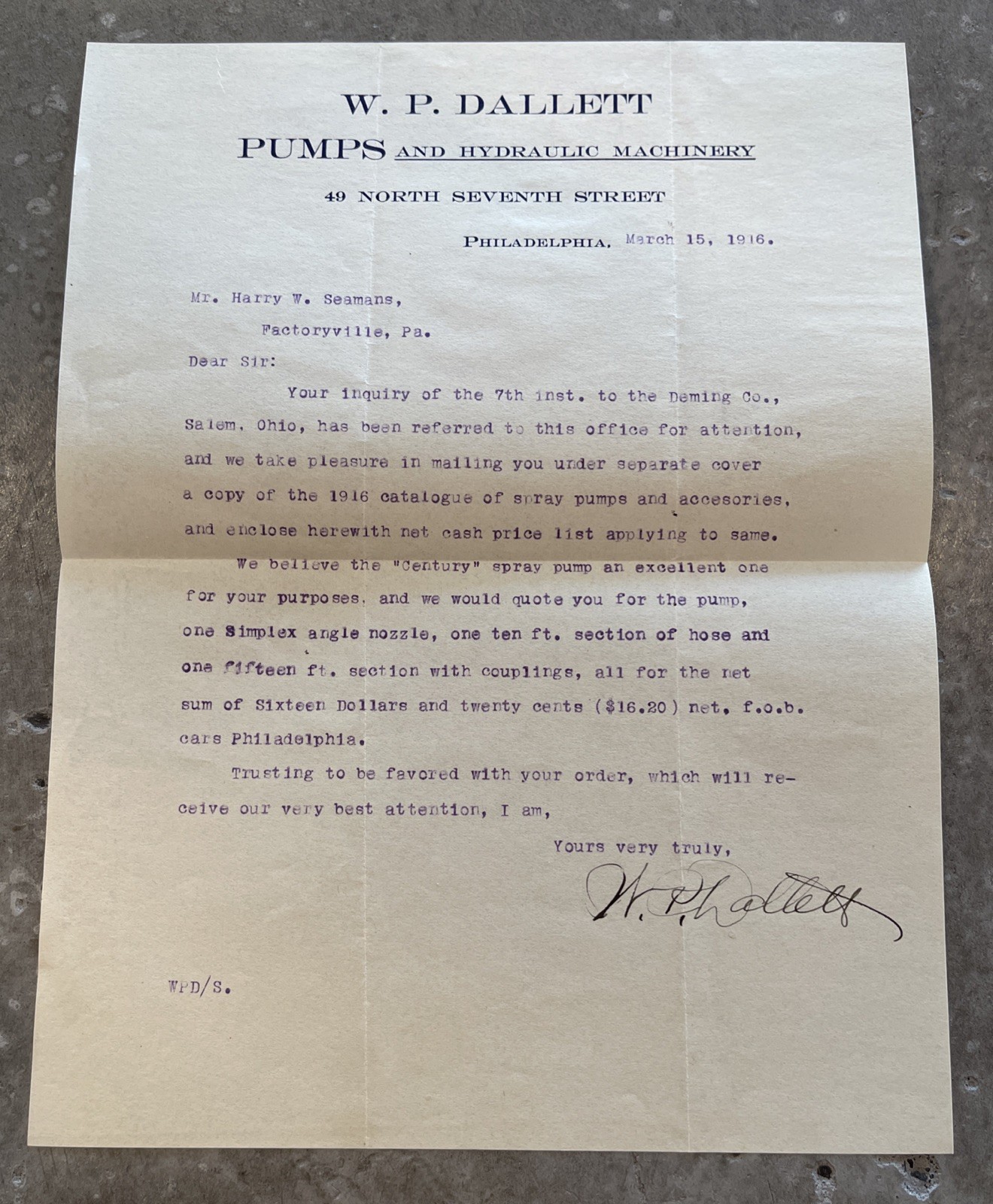 1916 Deming Spray Pump Catalog Orchard Vineyard Signed WP Dallett Letter
