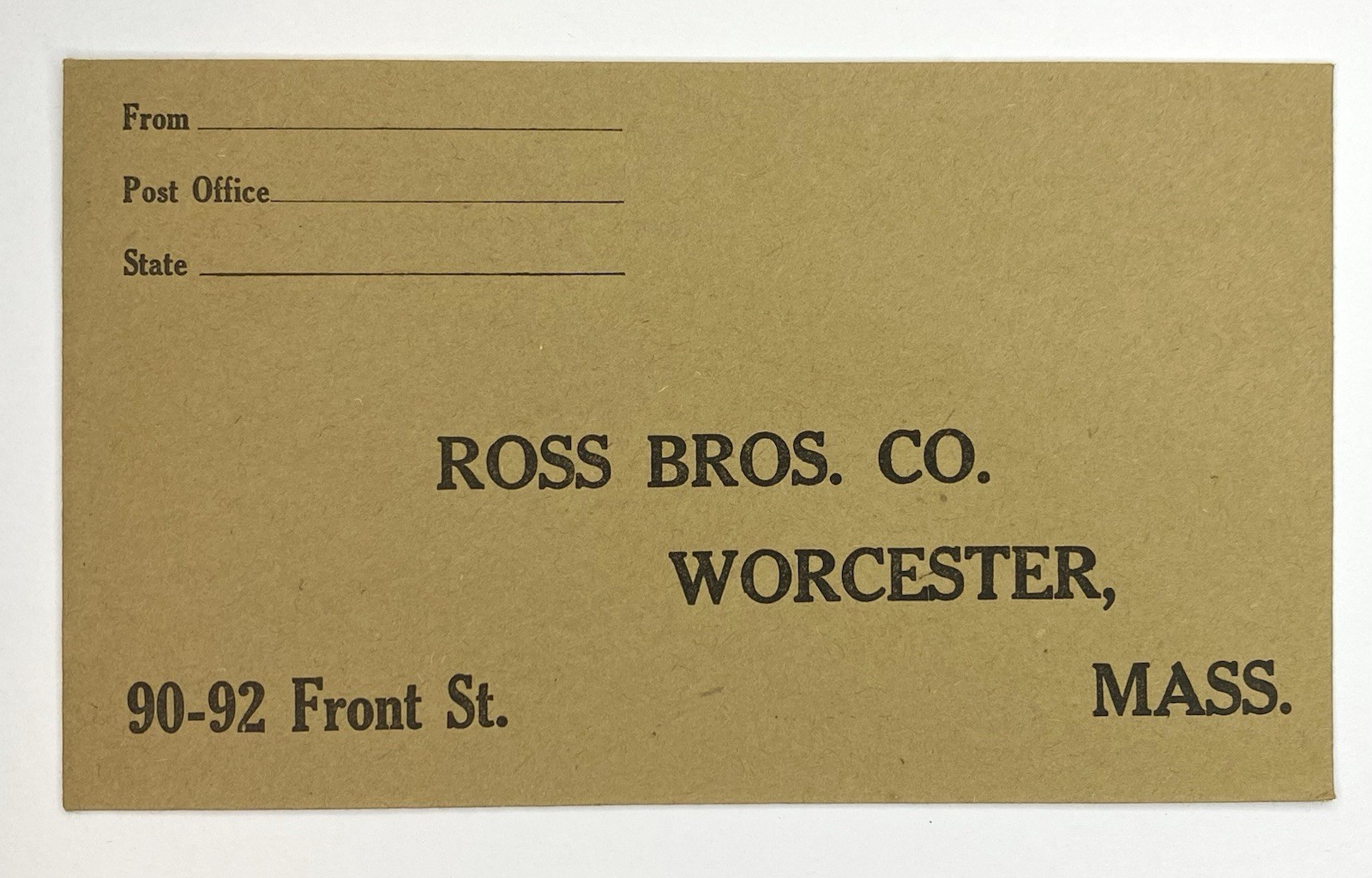 Vintage Ross Bros Co Worcester Massachusetts Order Return ENVELOPE Farm Supply