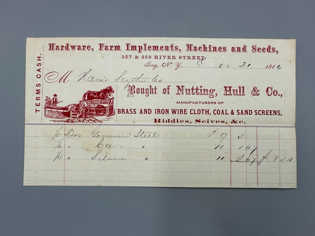 1866 FARM Machinery HARDWARE Seeds TROY NY Advertising Billhead Nutting Hull Inv