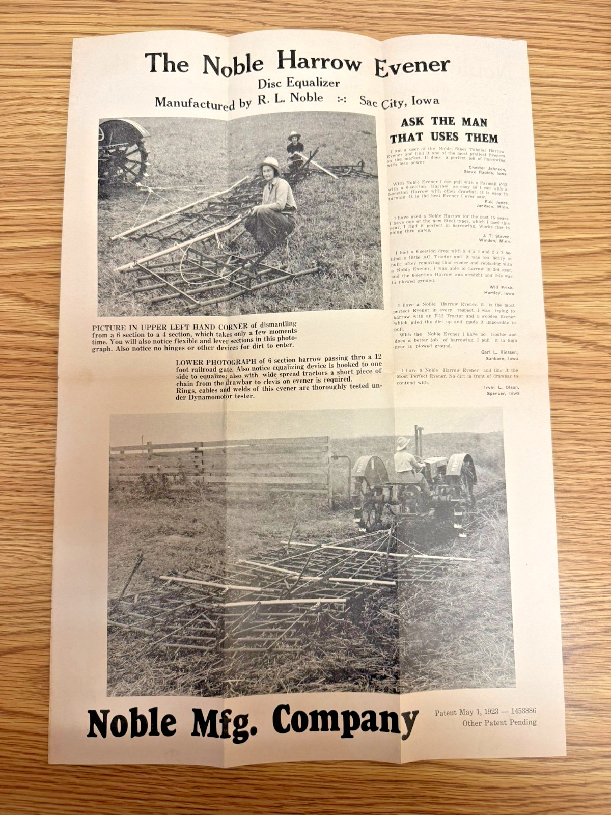 BROCHURE NOBLE HARROW EVENER NOBEL MFG. SAC CITY IOWA