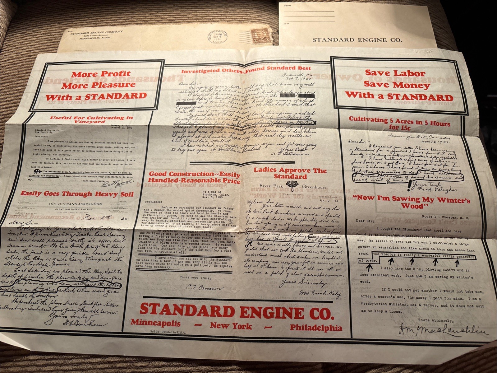Standard Engine Co Minneapolis MN 1931 Brochure, Listing Owners Letters