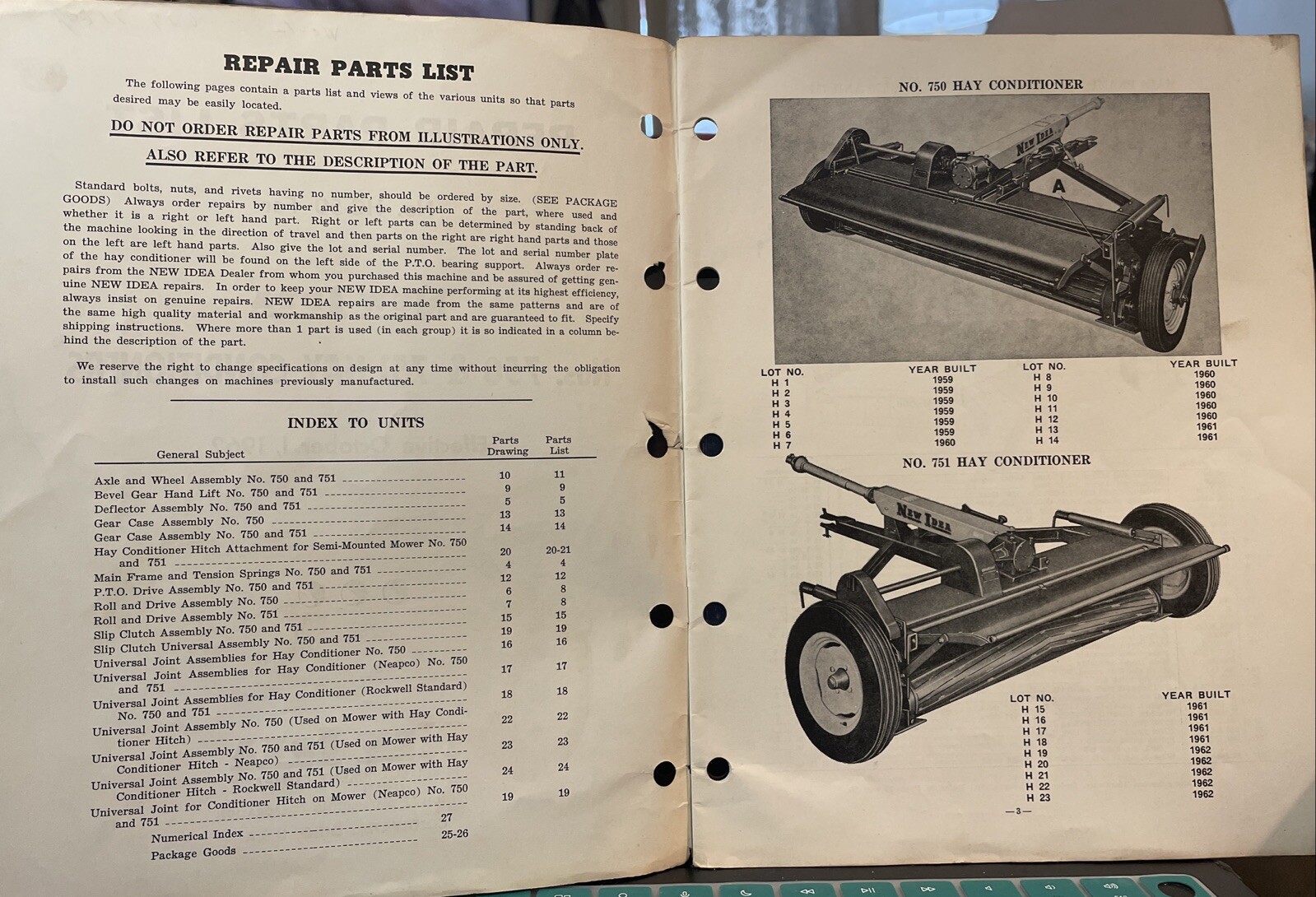 1962 NEW IDEA Farm Equipment Co Nos. 750 & 751 Hay Conditioners Parts List