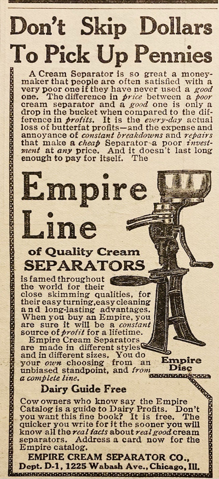 1911 AD.(PC10)~EMPIRE CREAM SEPARATOR CO. CHICAGO. EMPIRE CREAM SEPARATORS