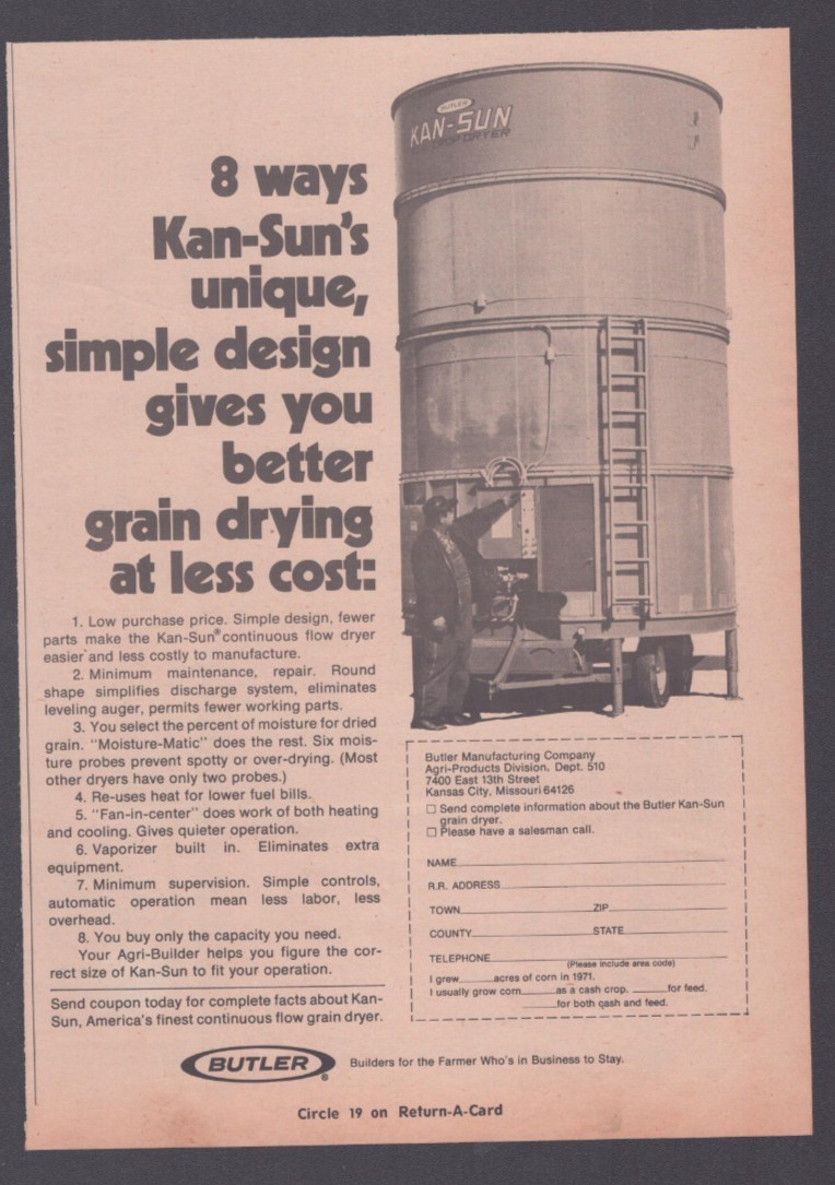 1972 Print Ad Butler Mfg Co Agri-Products Kansas City MO Kan-Sun&rsquo;s Grain Drying