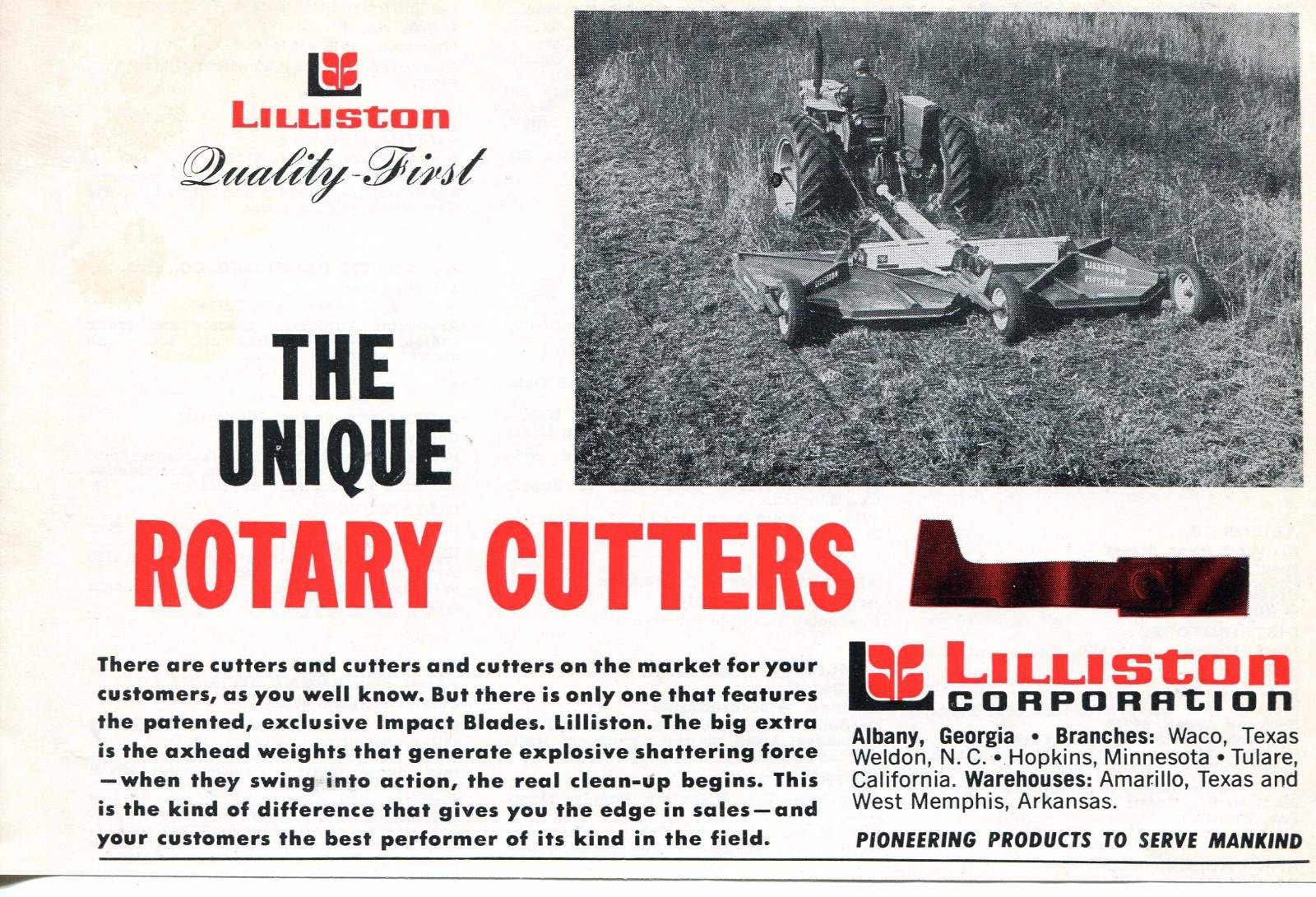 1970 Print Ad of Lilliston Corp Farm Tractor The Unique Rotary Cutters
