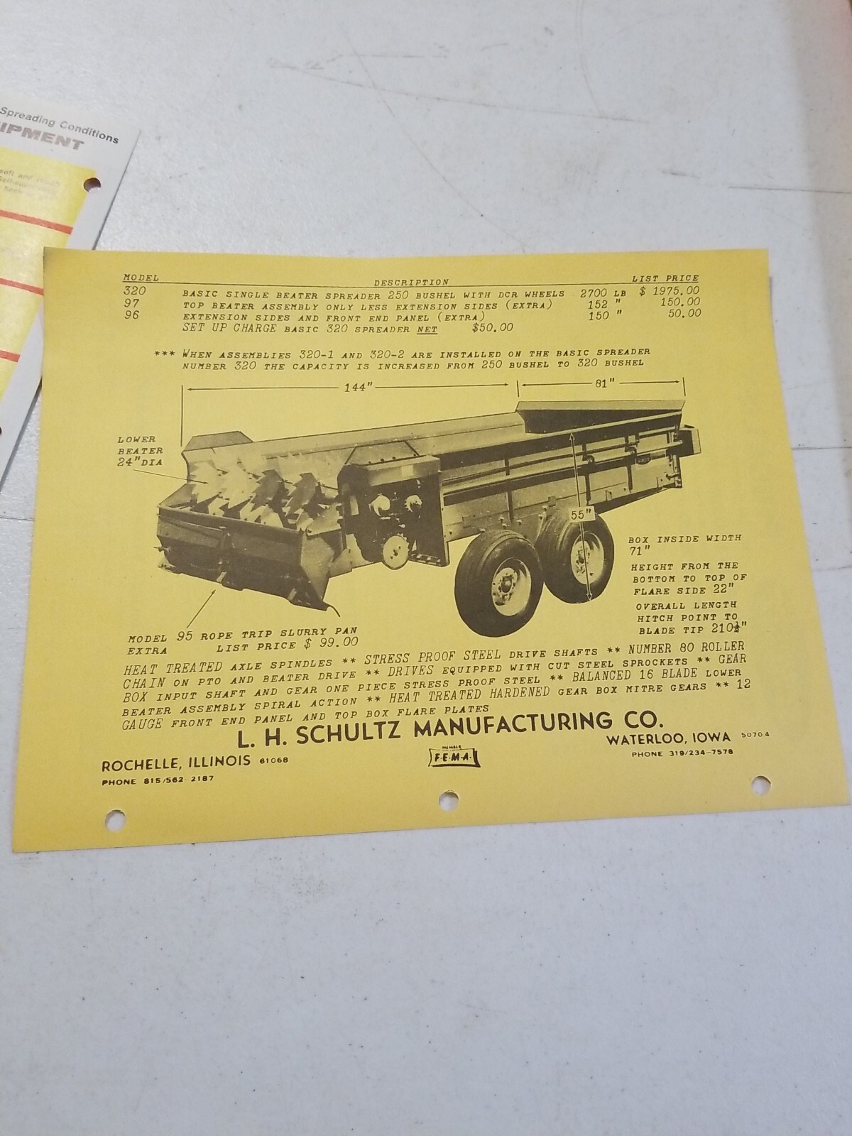 Vintage 1970 L.H. SCHULTZ Mfg Co GENERAL MANURE SPREADER Brochure & Price List