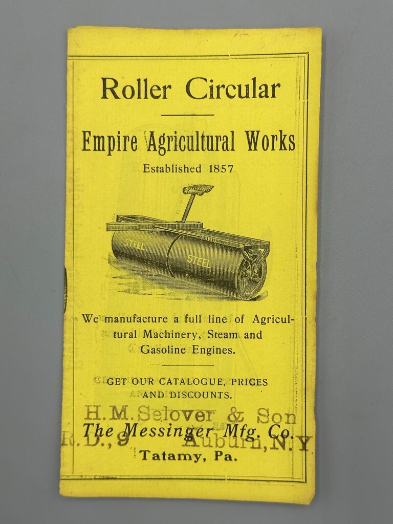 1880s EMPIRE AGRICULTURAL WORKS Roller Messinger Mfg FARM Advertising TATAMY PA