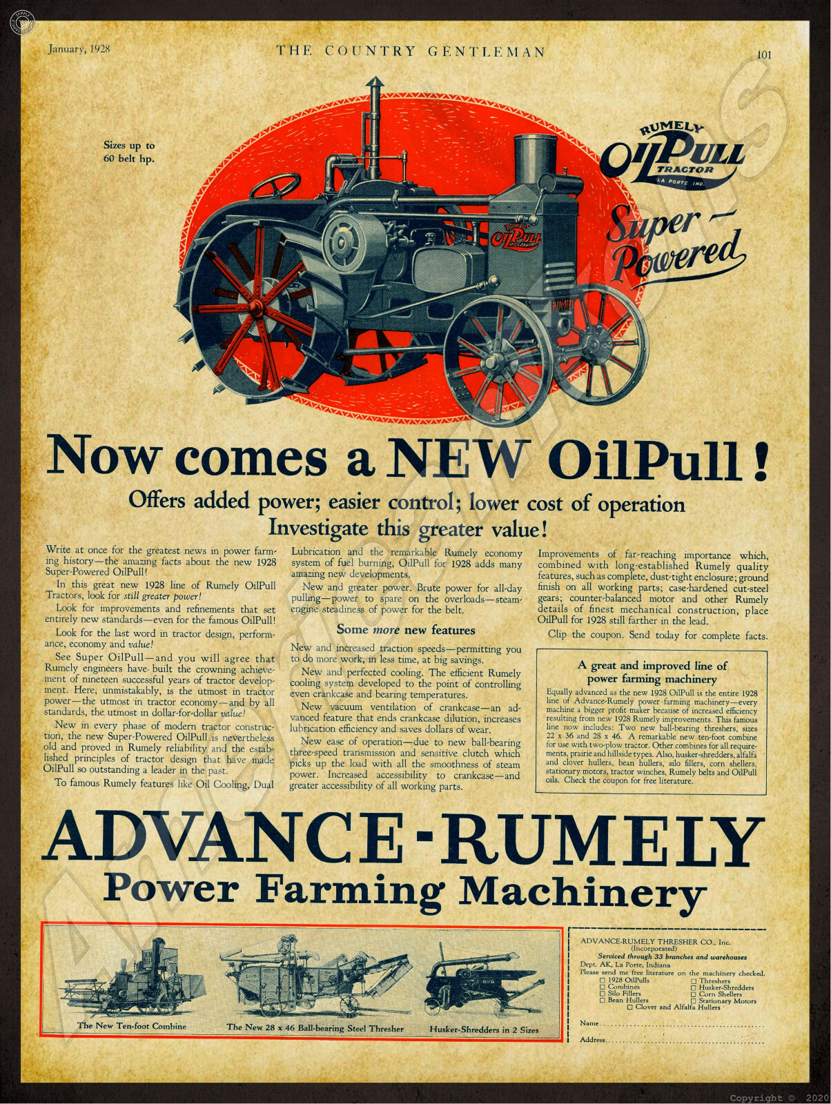 1928 Rumely OilPull Oil Pull Tractor New Metal Sign: La Porte, Indiana