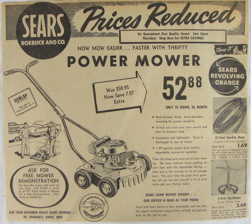 Vintage 1955 Sears DUNLAP Lawn Mower Newspaper Print Ad